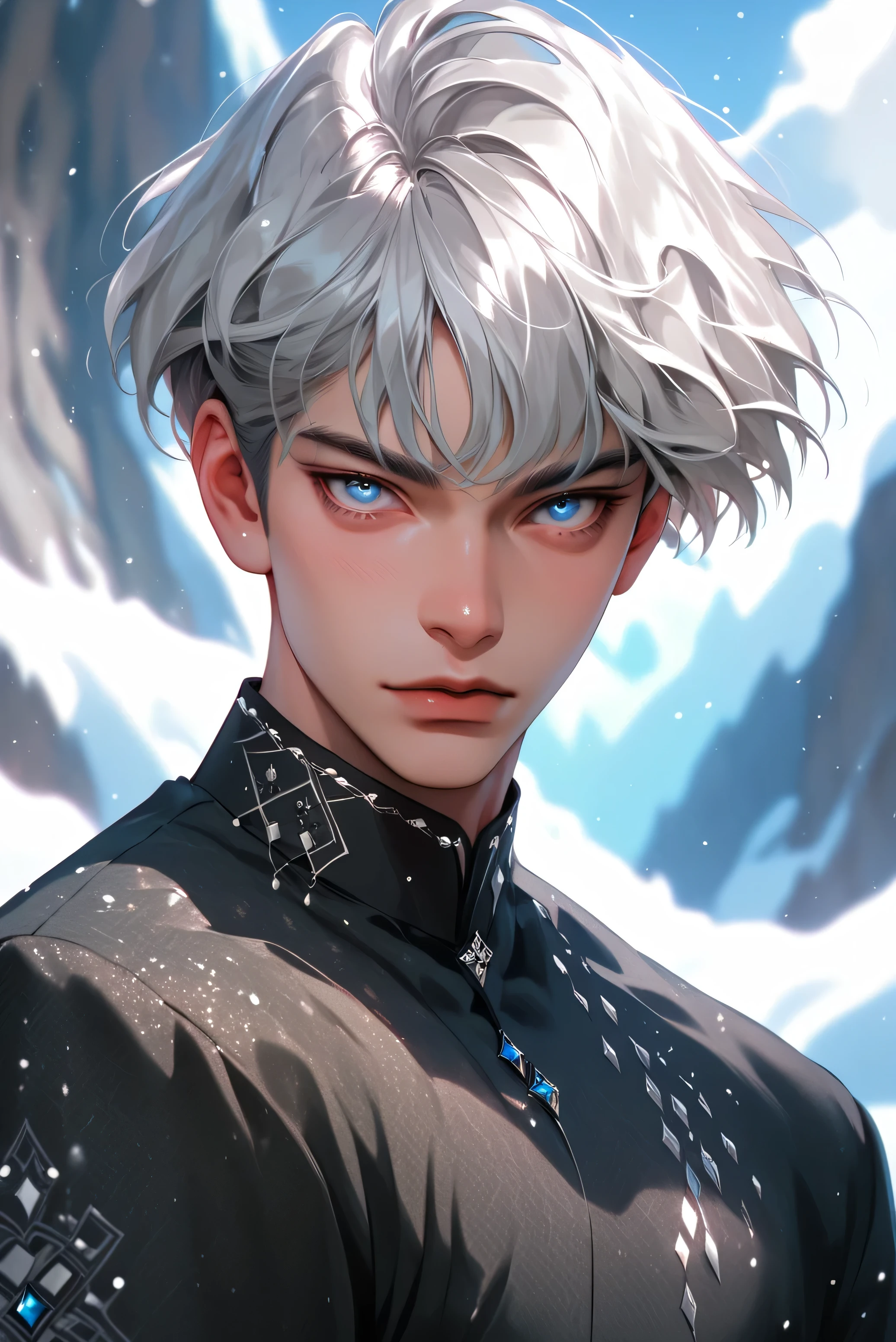1 man in the picture is about 28 years old, gray hair, blue eyes, pale skin, very pumped up body, dressed in 19th century clothes, with icy mountains in the background.