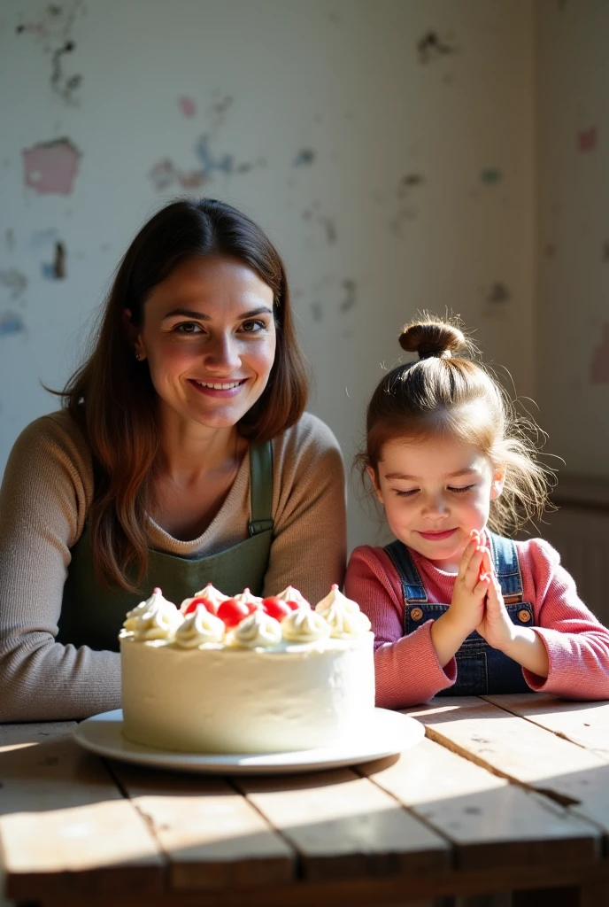 ((Best Quality)), ((Masterpiece)), (detailed), an 80 year old grandmother with a 6 year old granddaughter cooking a jelly in their white kitchen. They are both Argentine. While grandma is stirring the gelatin, The granddaughter is hugging her by the shoulders and they are laughing.