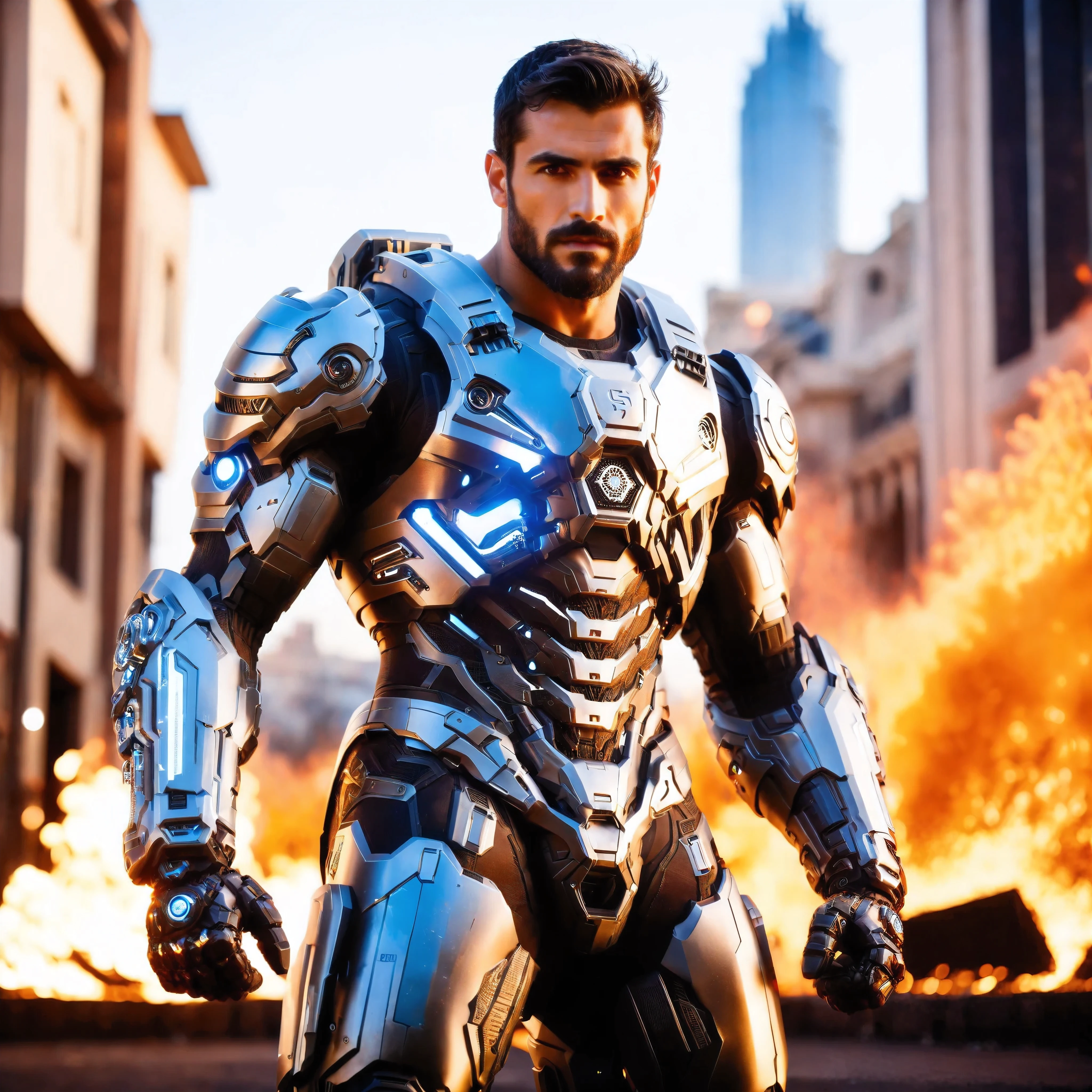 (One single handsome Spanish man, with a short beard ), emb3r4rmor, wearing embers exosuit, burning, glowing, dynamic pose, fighting stance, (fantasy city background), realistic, masterpiece, intricate details, detailed background, depth of field, photo of a handsome man,