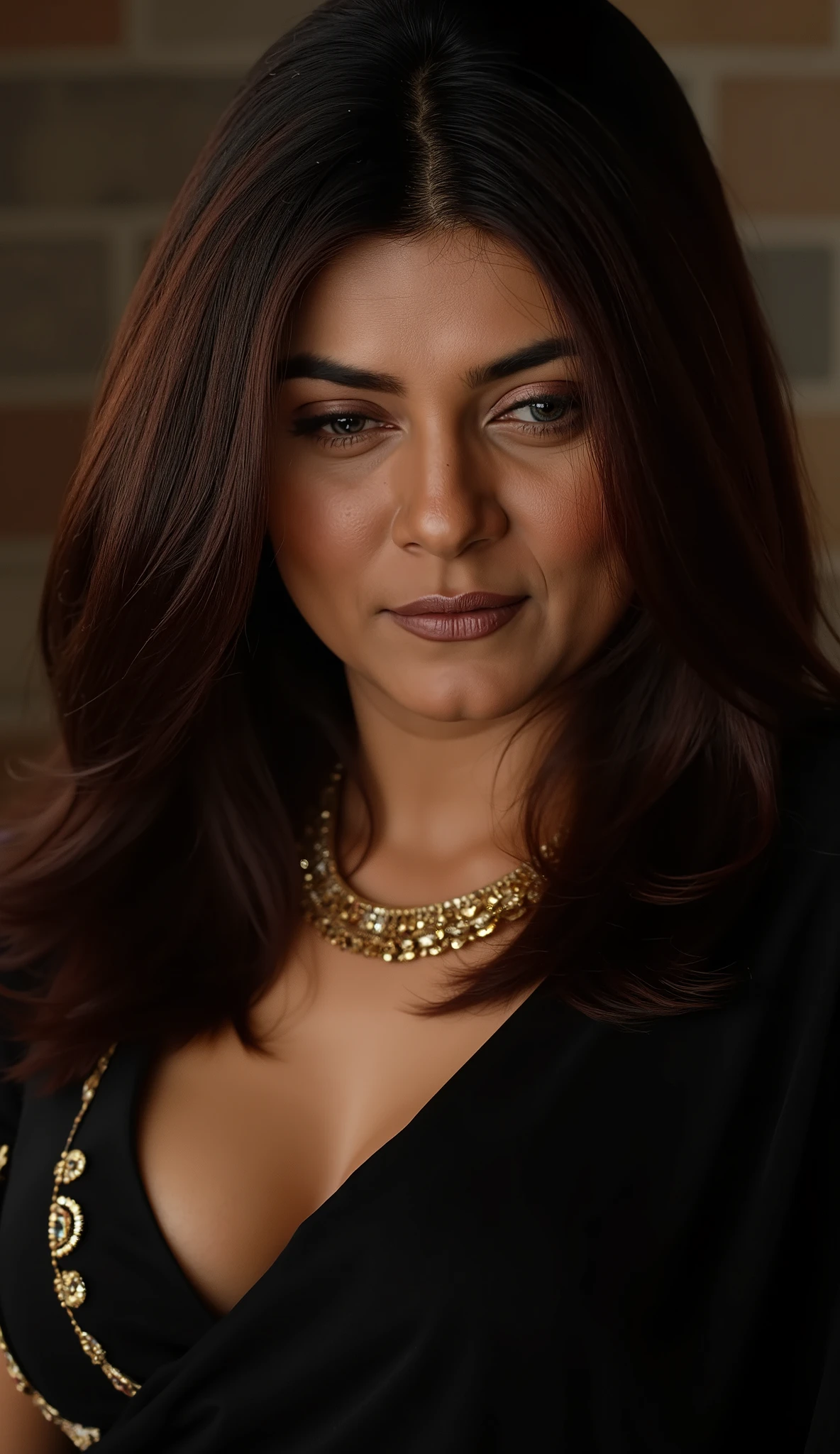 <lora:Casting:1>Photograph,25, year old,vincentian,woman,Coral hair, Choppy layers hair, Updo with tendrils hair, Loose coils hair,wearing,sari sarong,CC.DS1tting,sitting on black couch,amateur casting,hands on knees,realistic,girl-next-door,pretty,amateur <lora:RMSDXL_Photo:1>
