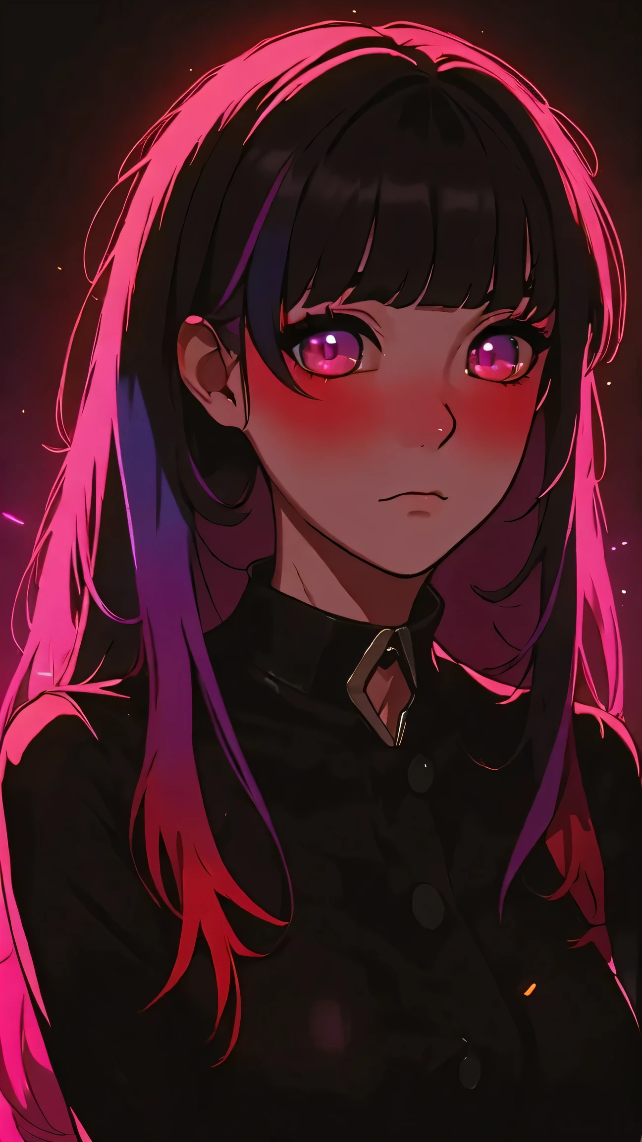 asian high school girl, plunging neckline, rainbow hair, bangs, with colorful eyes and huge eyelashes, huge breasts, edgy graphic design with a multi neon colored palette, big black eyes, ulzzang, portrait, (anime), manga, sexy, irridescent rainbow Latex, 8k,Highest quality,masterpiece, Sharp focus, solid black background, soft lighting, heavy blushing,