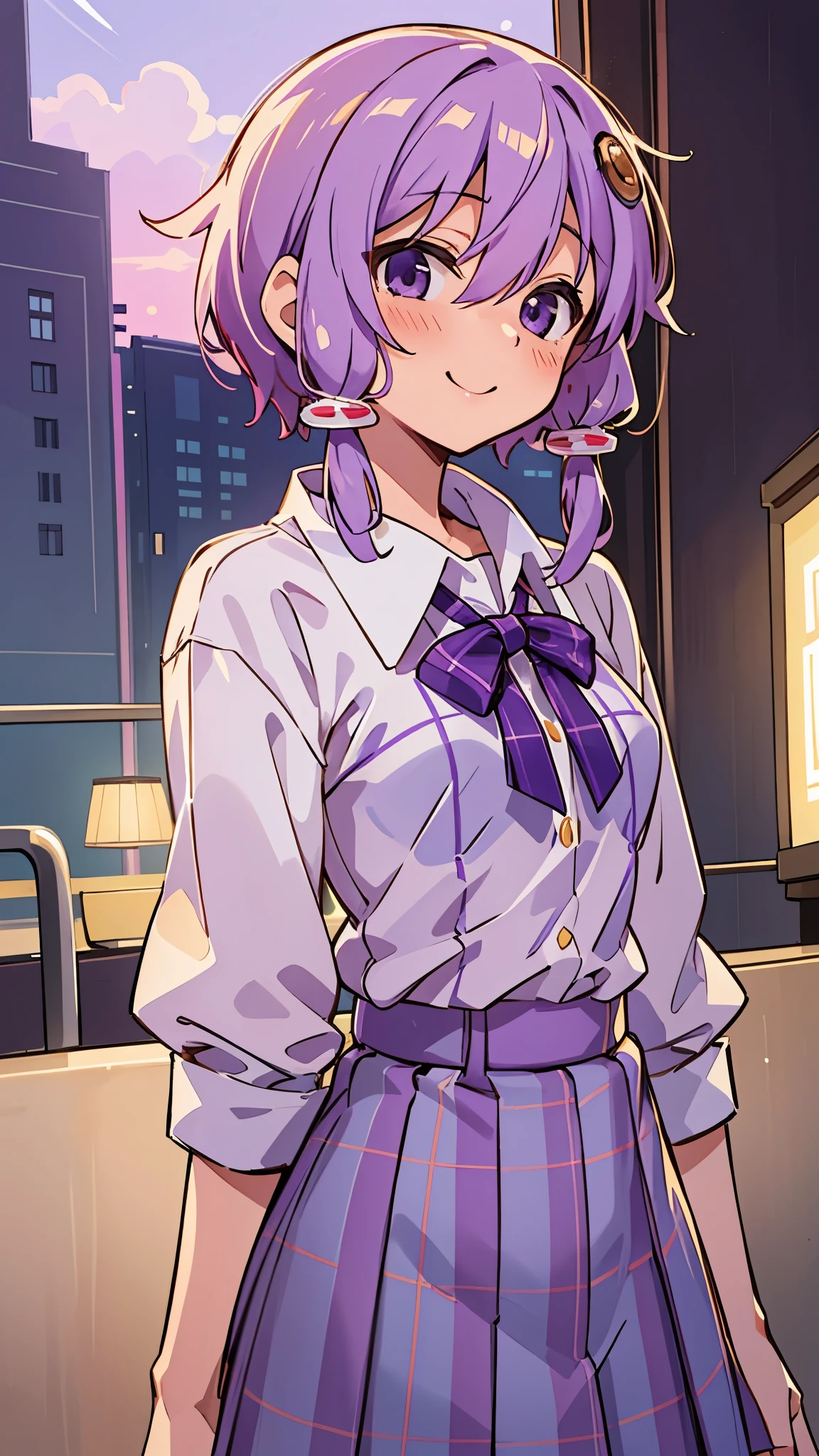 Cheerful girl、One person、Yuzuki Yukari、18 years old、 small breasts 、Slim figure、smile、blush、Light purple hair、 short hair while on a business trip、( hair between eyes )、( white blouse shirt:1.2、 tartan check skirt)、 Upper Body Closeup 、Golden Hour Sky