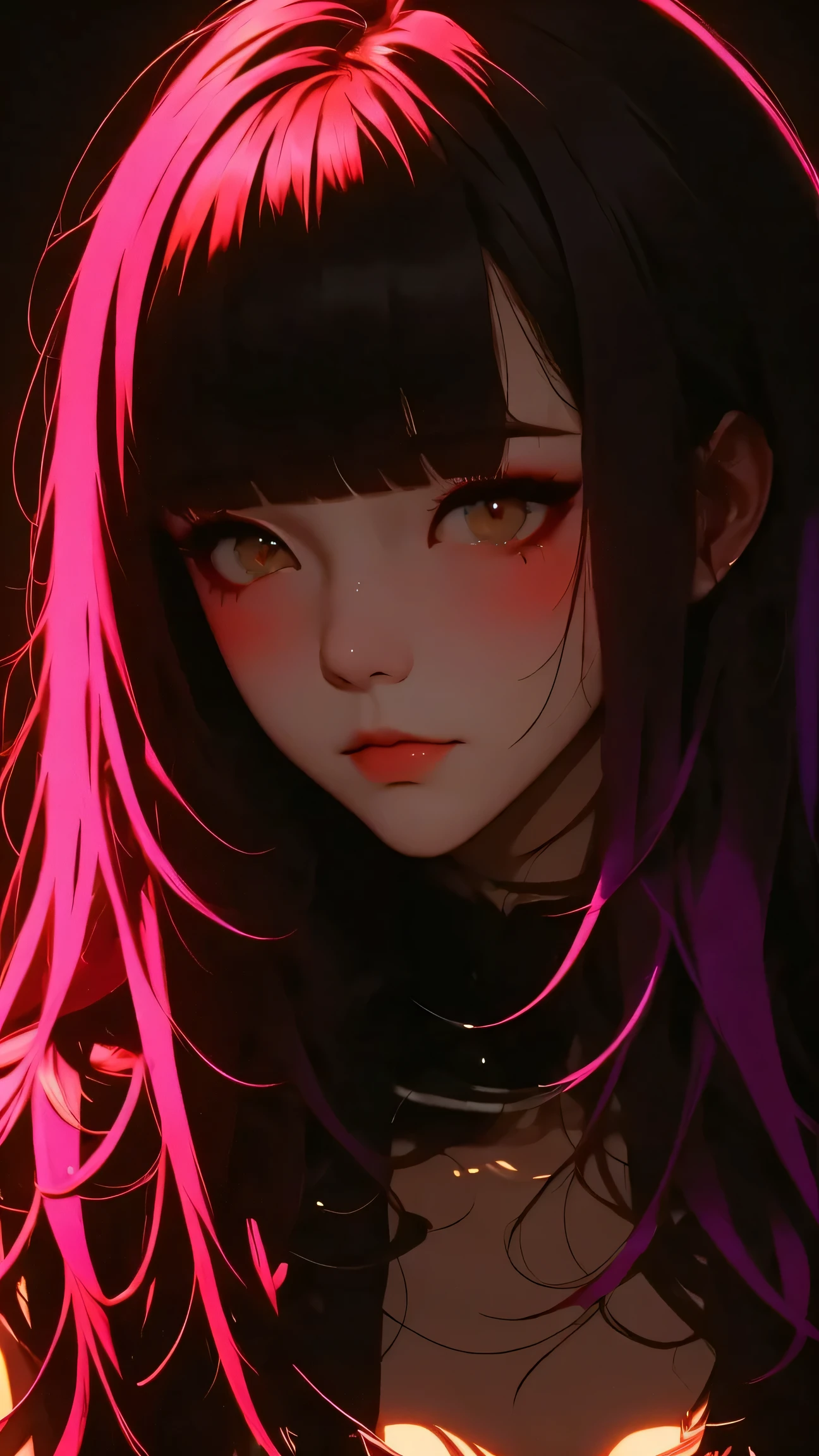 asian high school girl, plunging neckline, rainbow hair, bangs, with colorful eyes and huge eyelashes, huge breasts, edgy graphic design with a multi neon colored palette, big black eyes, ulzzang, portrait, (anime), manga, sexy, irridescent rainbow Latex, 8ｋ,Highest quality,masterpiece, Sharp focus, solid black background, soft lighting, heavy blushing, 
