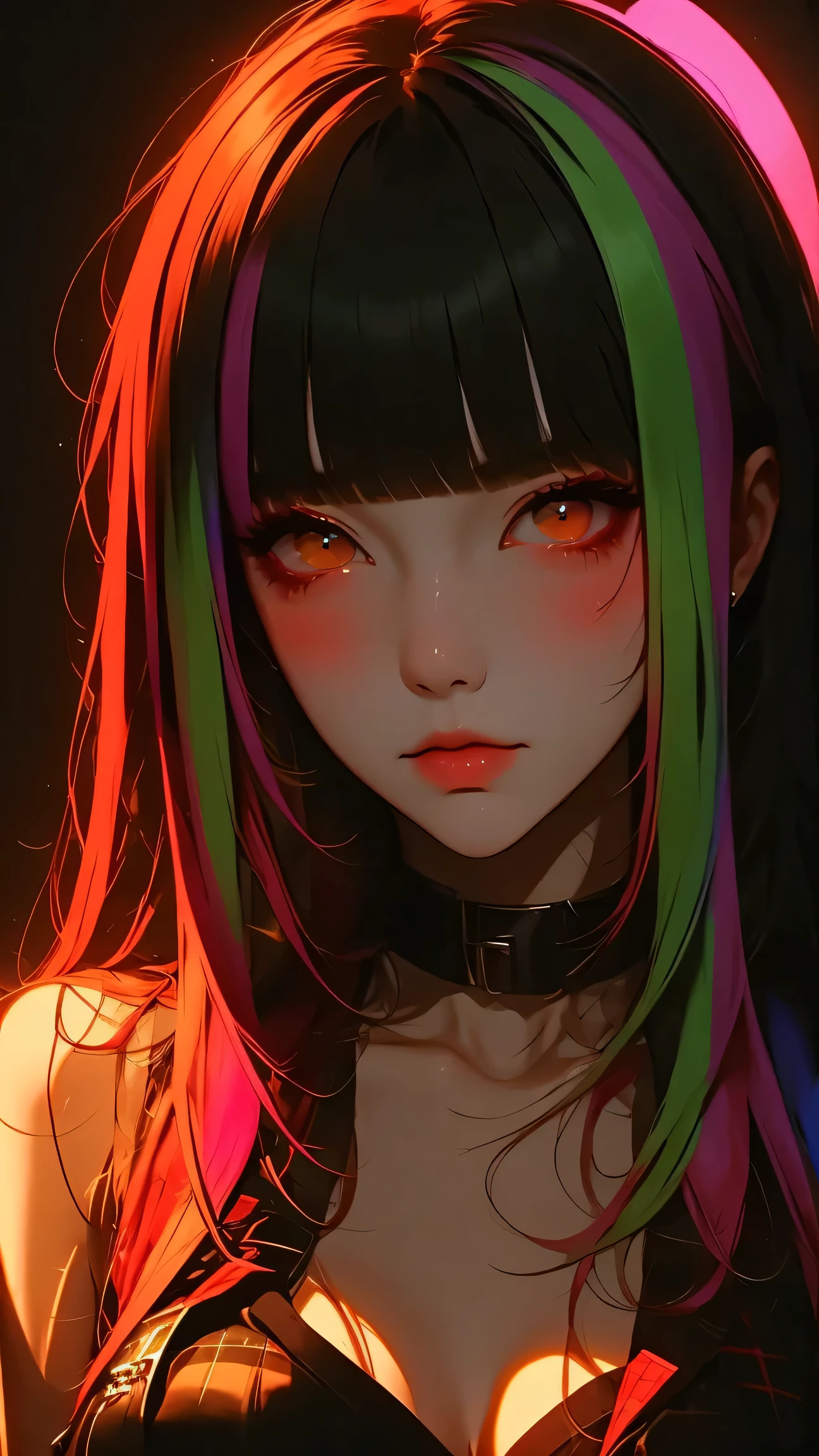 asian high school girl, plunging neckline, rainbow hair, bangs, with colorful eyes and huge eyelashes, huge breasts, edgy graphic design with a multi neon colored palette, big black eyes, ulzzang, portrait, (anime), manga, sexy, irridescent rainbow Latex, 8k,Highest quality,masterpiece, Sharp focus, solid black background, soft lighting, heavy blushing,