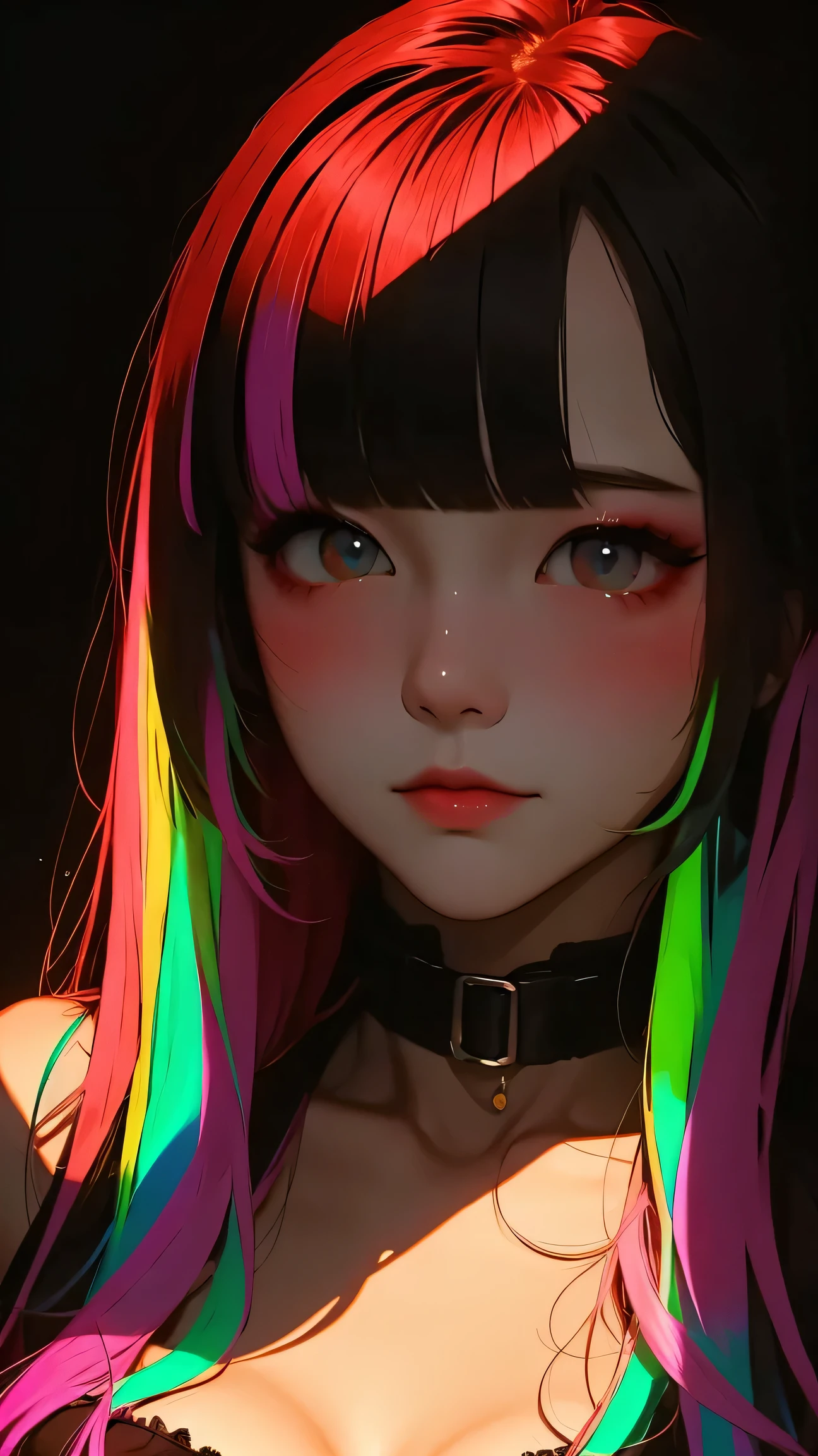 asian high school girl, plunging neckline, rainbow hair, bangs, with colorful eyes and huge eyelashes, huge breasts, edgy graphic design with a multi neon colored palette, big black eyes, ulzzang, portrait, (anime), manga, sexy, irridescent rainbow Latex, 8k,Highest quality,masterpiece, Sharp focus, solid black background, soft lighting, heavy blushing,