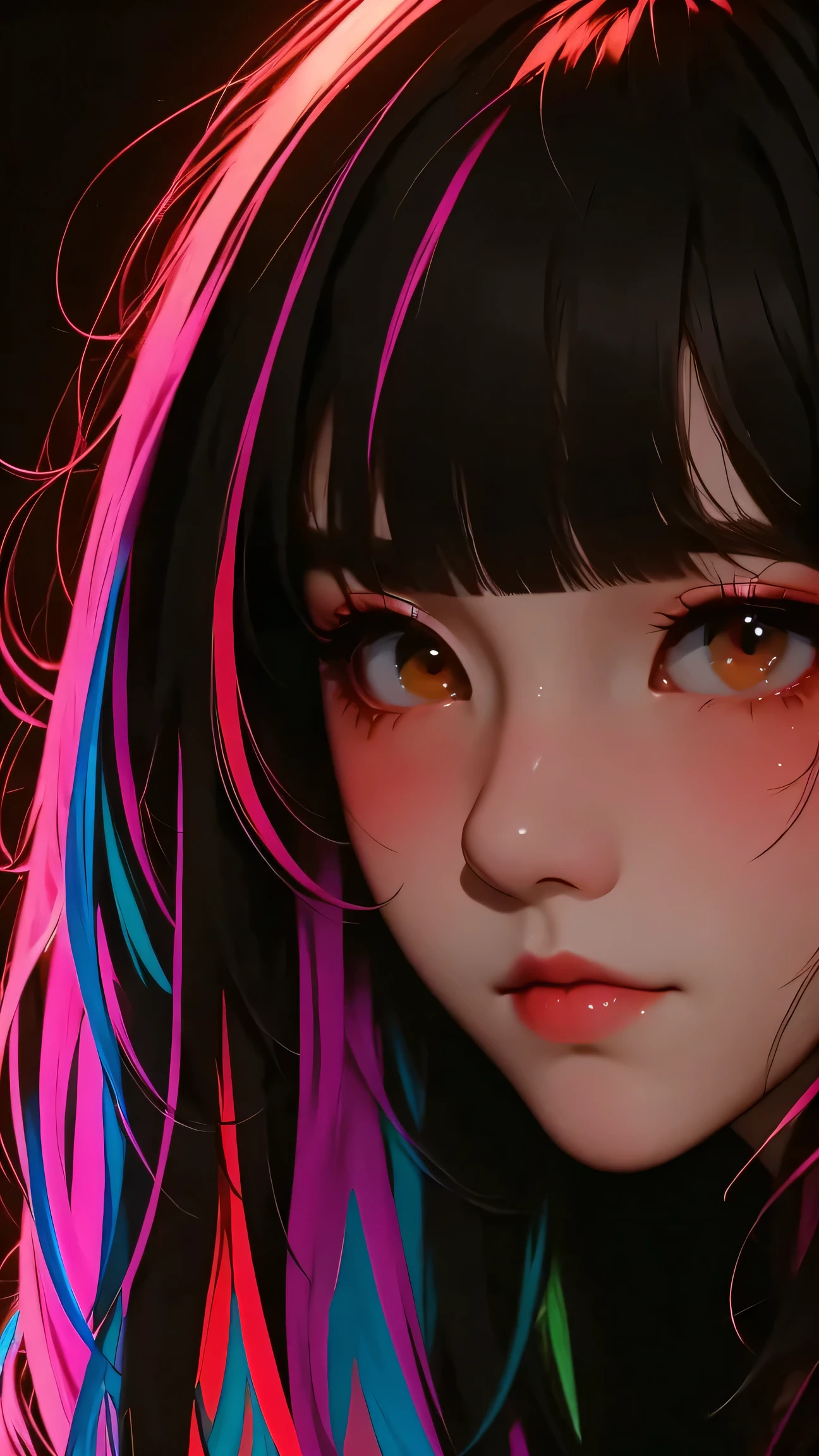 asian high school girl, plunging neckline, rainbow hair, bangs, with colorful eyes and huge eyelashes, huge breasts, edgy graphic design with a multi neon colored palette, big black eyes, ulzzang, portrait, (anime), manga, sexy, irridescent rainbow Latex, 8ｋ,Highest quality,masterpiece, Sharp focus, solid black background, soft lighting, heavy blushing, 
