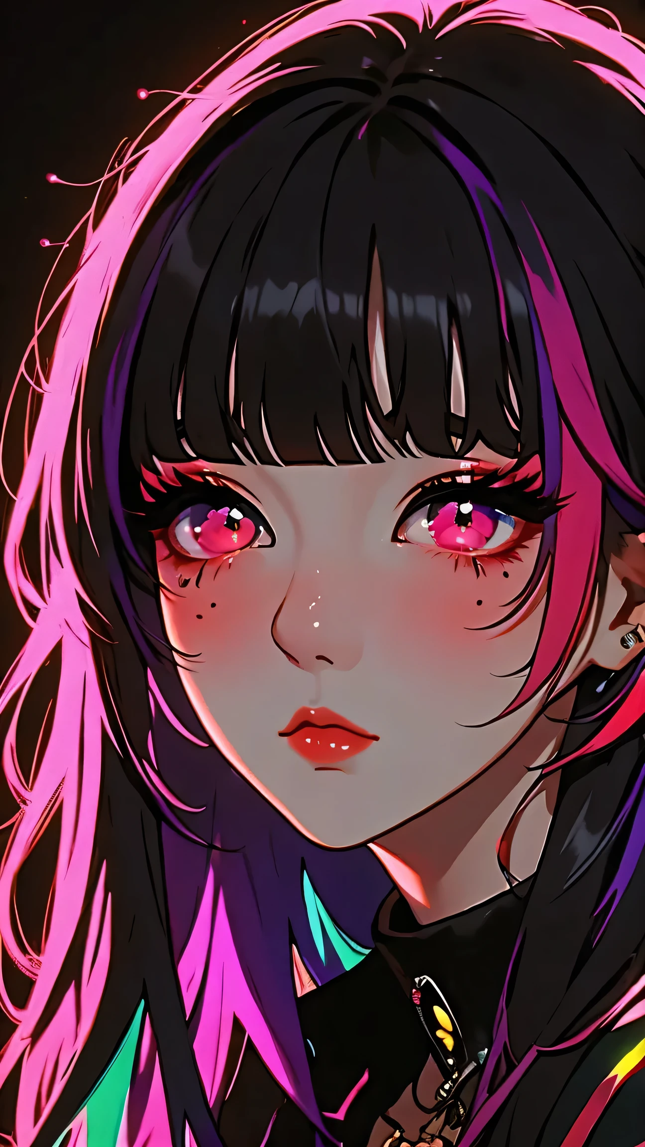 asian high school girl, plunging neckline, rainbow hair, bangs, with colorful eyes and huge eyelashes, huge breasts, edgy graphic design with a multi neon colored palette, big black eyes, ulzzang, portrait, (anime), manga, sexy, irridescent rainbow Latex, 8k,Highest quality,masterpiece, Sharp focus, solid black background, soft lighting, heavy blushing,