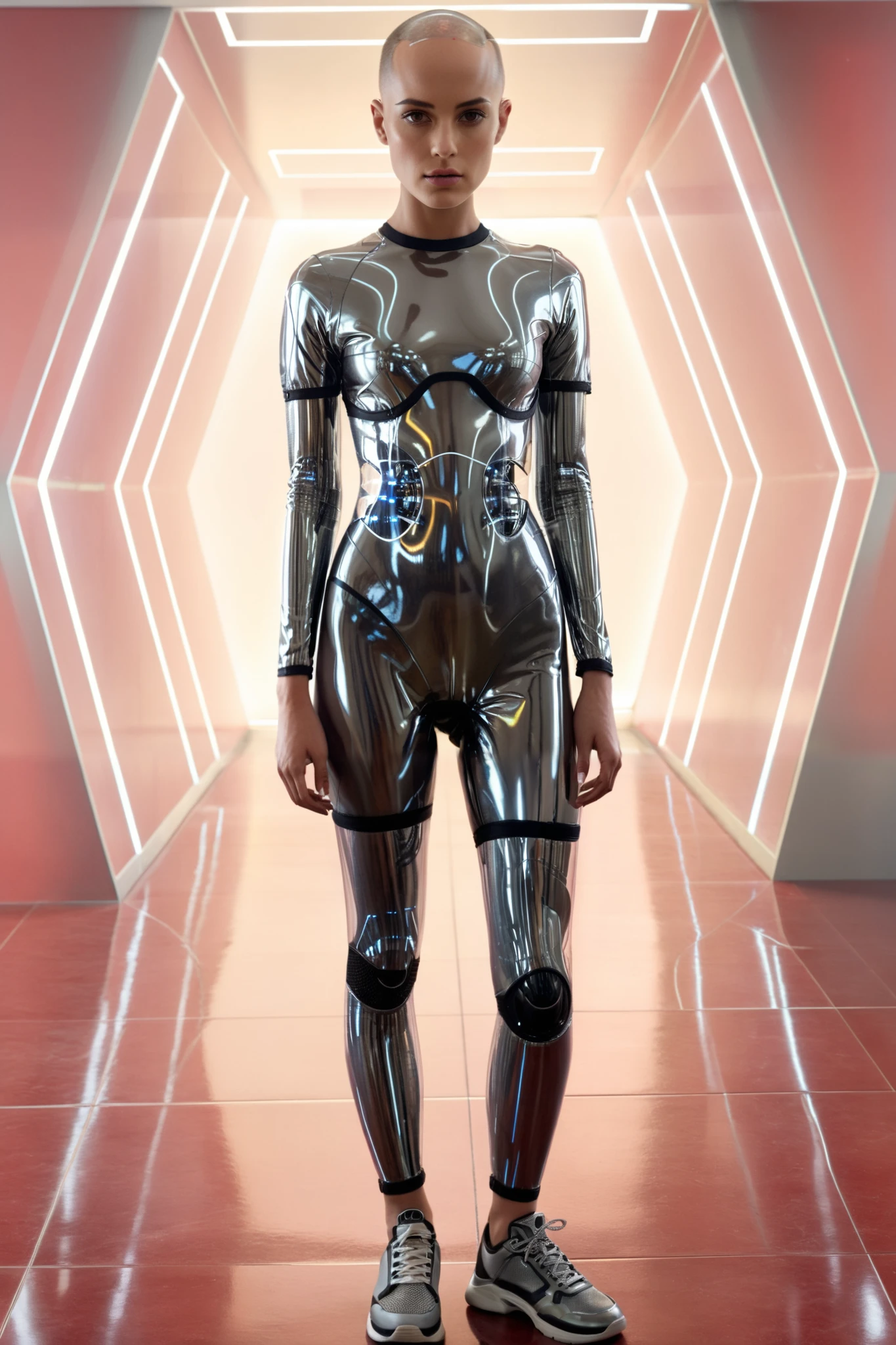 ava, android, transparent skin parts, transparent bald head, chrome jumpsuit, chrome short shorts, interview, looking at viewer, standing pose, full body, perfect skin, smooth skin, round face, standing, ultra realistic photo, futuristic, score_9, score_8_up, score_7_up, score_6_up, score_5_up, score_4_up