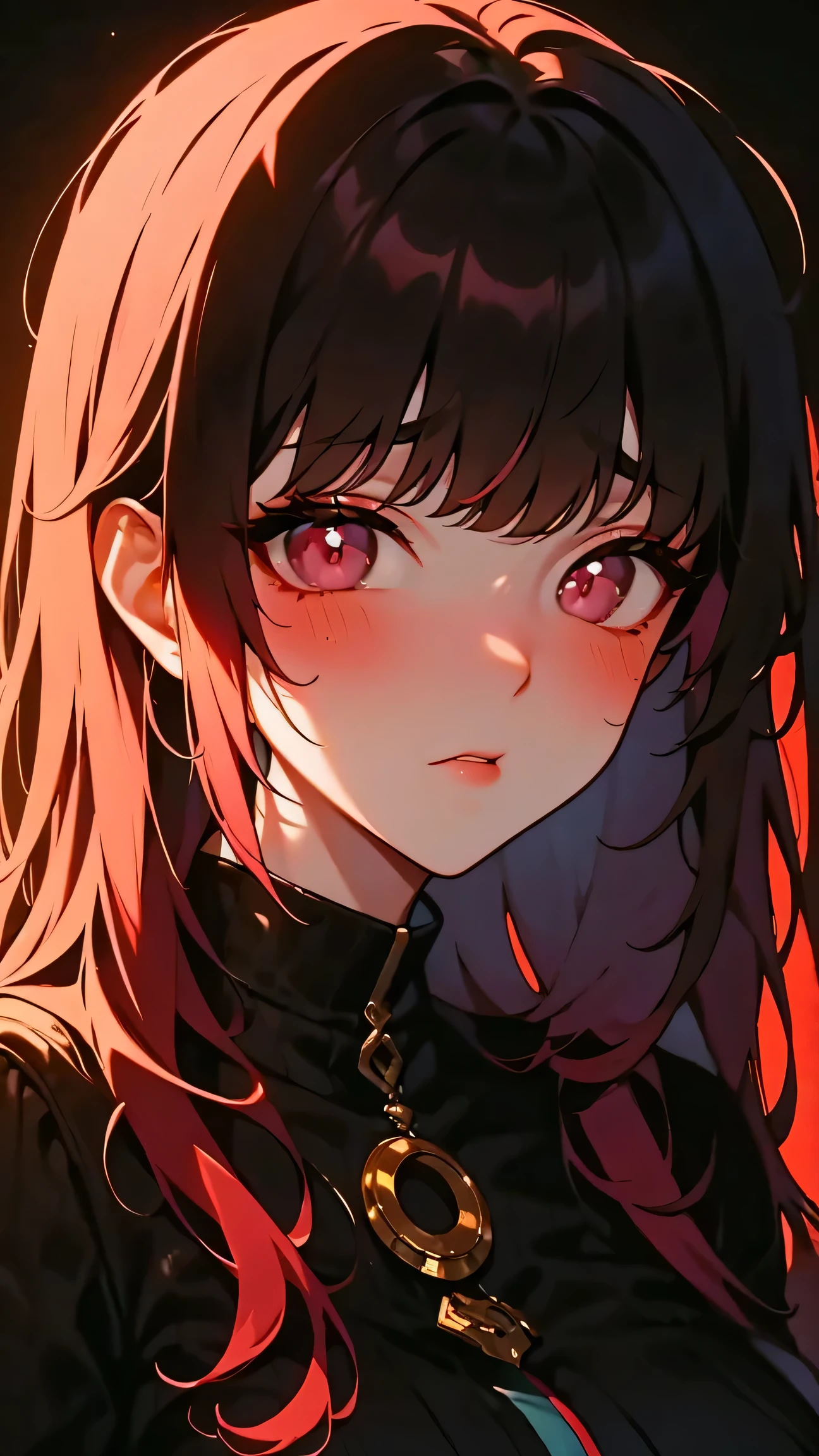 asian high school girl, plunging neckline, rainbow hair, bangs, with colorful eyes and huge eyelashes, huge breasts, edgy graphic design with a multi neon colored palette, big black eyes, ulzzang, portrait, (anime), manga, sexy, irridescent rainbow Latex, 8ｋ,Highest quality,masterpiece, Sharp focus, solid black background, soft lighting, heavy blushing, 
