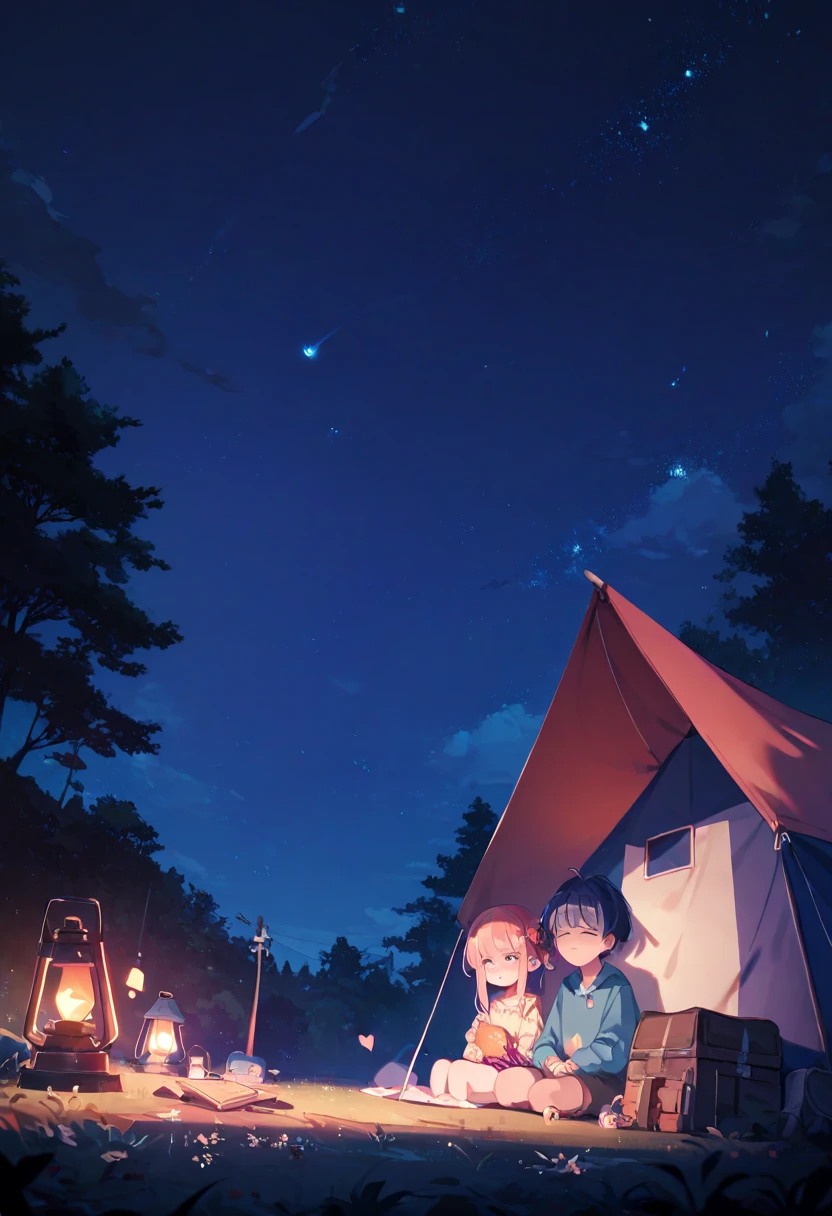 1girl, 1boy, beach, milkway, sea, camp fire, tent, night;,