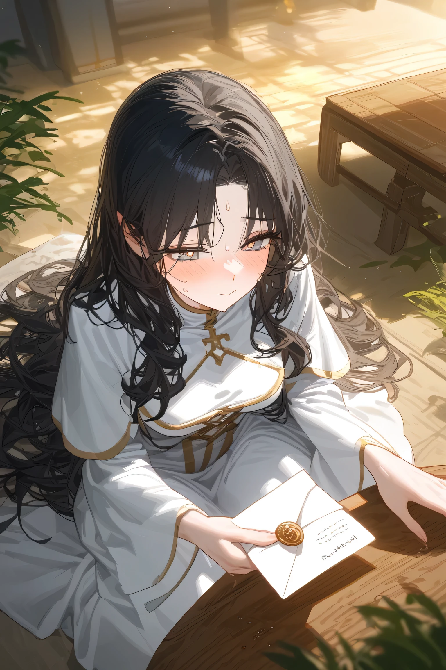 (musterpiece), (best quality), very detailed eyes, expressive eyes, perfect face, very detailed face, highly detailed face, beautiful girl, 8K, delicate and beautiful face and eyes, dark intense shadow,  sunset, saintly woman, women, 1girl, cool, innocent, mole under, medium breasts, long hair, wavy hair, pale skin, flustered, half-closed eyes, black hair, blondd eyes, hand letter, cleric, faithful expression, closed mouth,drop of sweat, white cassock, pure, Faith, sit down, prayer room, wooded table, from above, full body