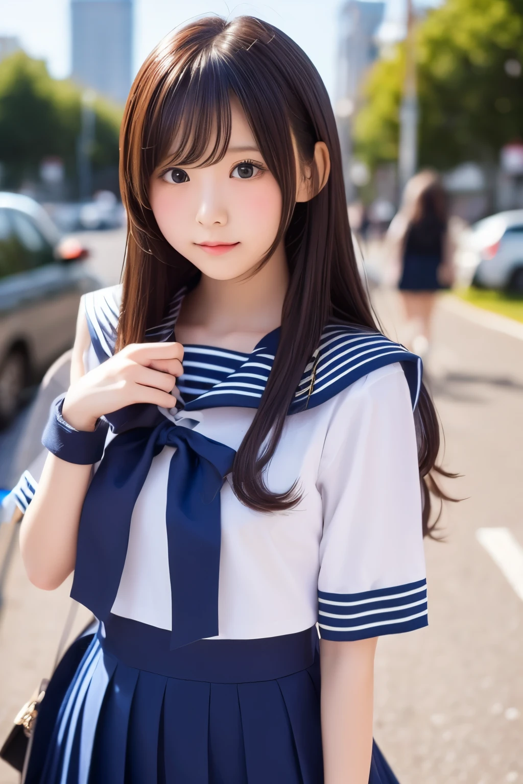 (masterpiece, highest quality:1.2), 8k, official art, RAW photo, incredibly absurd, ( sailor suit, serafuku:1.4), amazing beautiful girl, amazingly cute face, (navy pleated skirt:1.1), close, school uniform, short sleeve, gardenia, violaces, teen, street, looking at the viewer with a smile, no makeup, film grain, chromatic aberration, sharp focus, face light, dynamic lighting, cinematic lighting, detailed eyes and face,short hair、(((white skin without moles)))、 background bokeh、super slim thighs、((Erotic Panties are showing through、beautiful pussy line))、(High twin tails with ribbons:1.4),,(((A  with an extremely cute young face:1.35))), 、(very young  with big breasts:1.2)