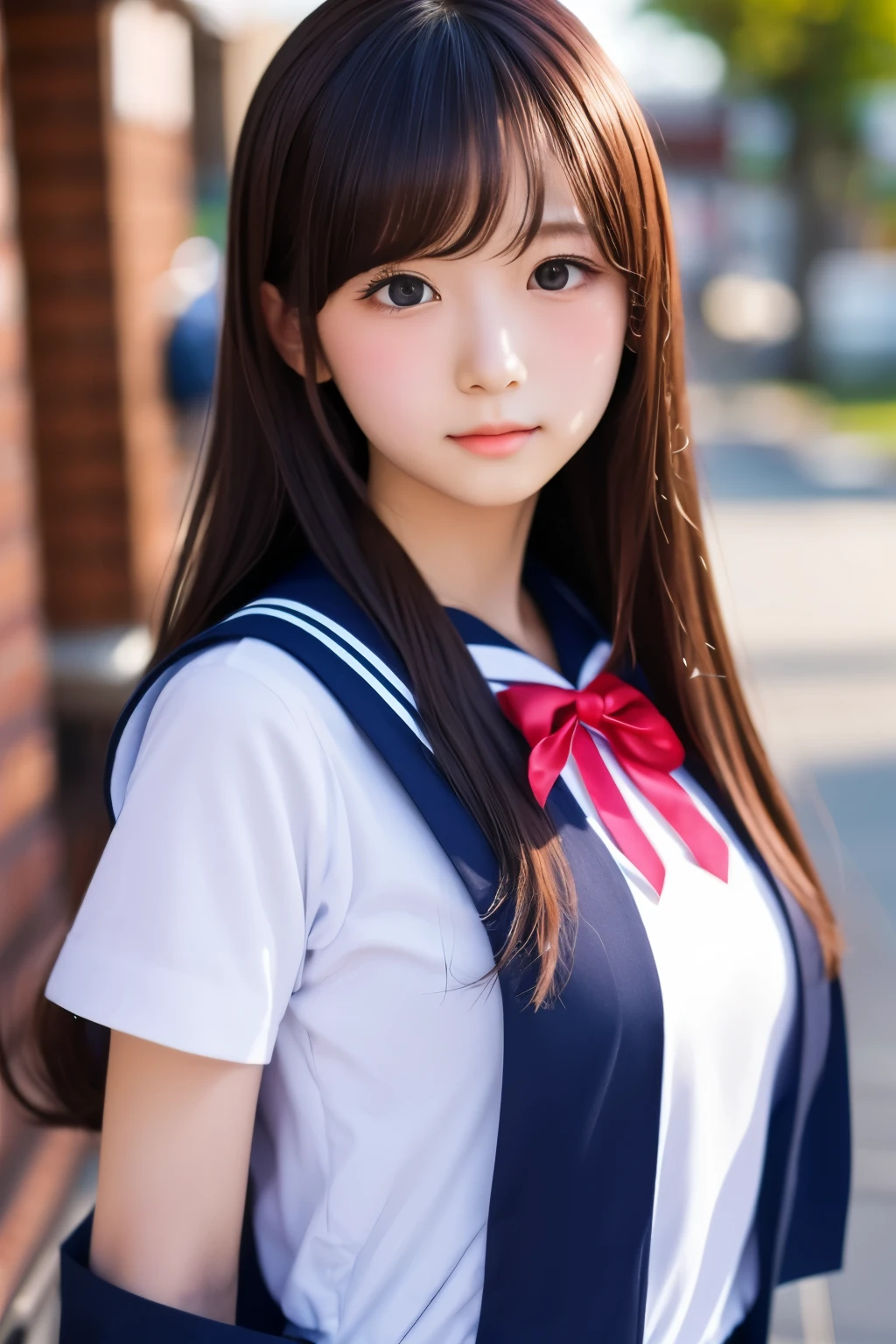 Japanese Woman Like an Idol , long hair , straight hair, Round face , Bust Up , sailor suit , as pictured , High School