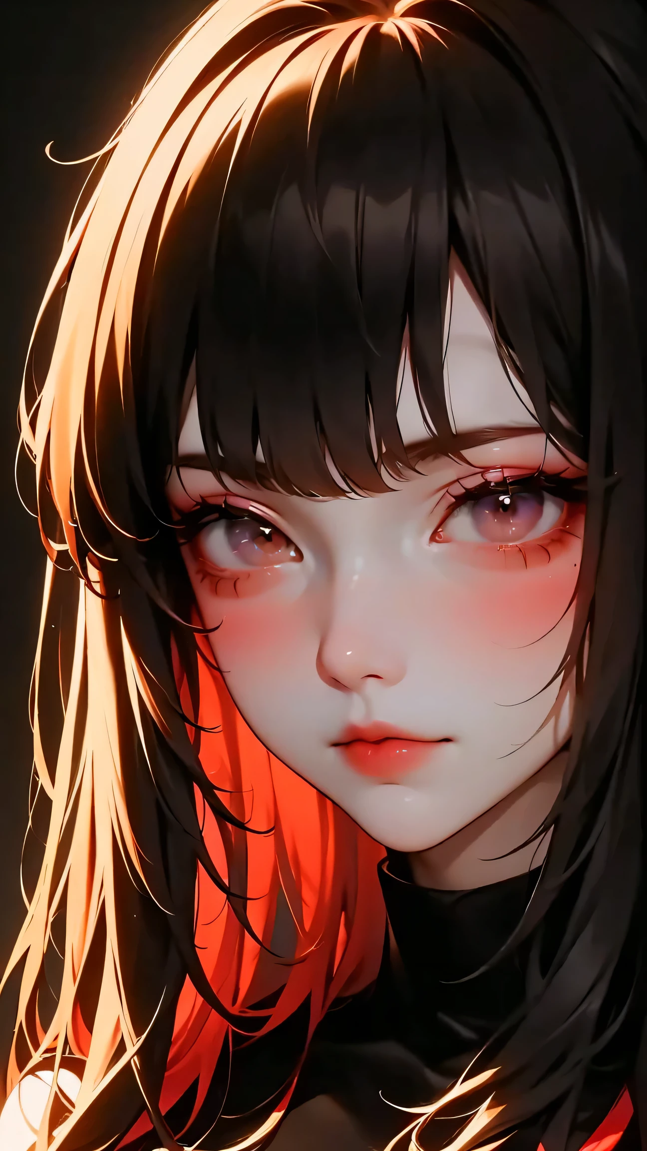 asian high school girl, plunging neckline, rainbow hair, bangs, with colorful eyes and huge eyelashes, huge breasts, edgy graphic design with a multi neon colored palette, big black eyes, ulzzang, portrait, (anime), manga, sexy, irridescent rainbow Latex, 8k,Highest quality,masterpiece, Sharp focus, solid black background, soft lighting, heavy blushing,