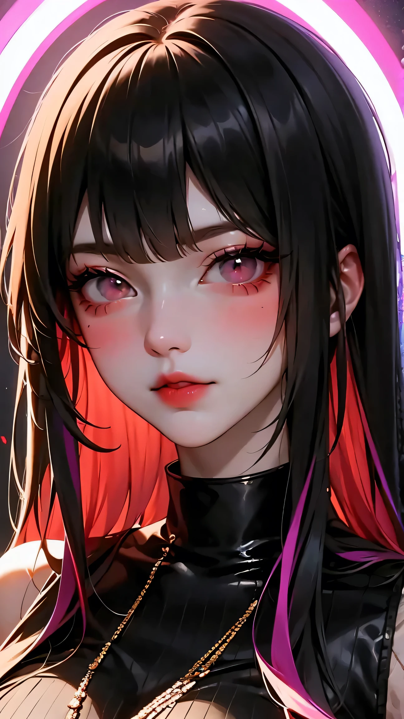 asian high school girl, plunging neckline, rainbow hair, bangs, with colorful eyes and huge eyelashes, huge breasts, edgy graphic design with a multi neon colored palette, big black eyes, ulzzang, portrait, (anime), manga, sexy, irridescent rainbow Latex, 8ｋ,Highest quality,masterpiece, Sharp focus, solid black background, soft lighting, heavy blushing, 
