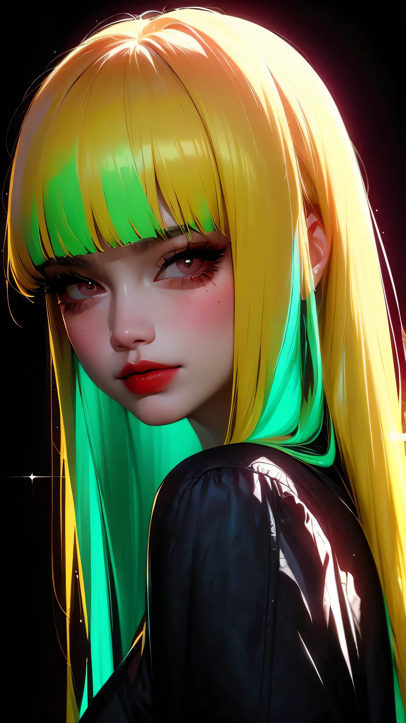 asian high school girl, plunging neckline, rainbow hair, bangs, with colorful eyes and huge eyelashes, huge breasts, edgy graphic design with a multi neon colored palette, big black eyes, ulzzang, portrait, (anime), manga, sexy, irridescent rainbow Latex, 8ｋ,Highest quality,masterpiece, Sharp focus, solid black background, soft lighting, heavy blushing, 
