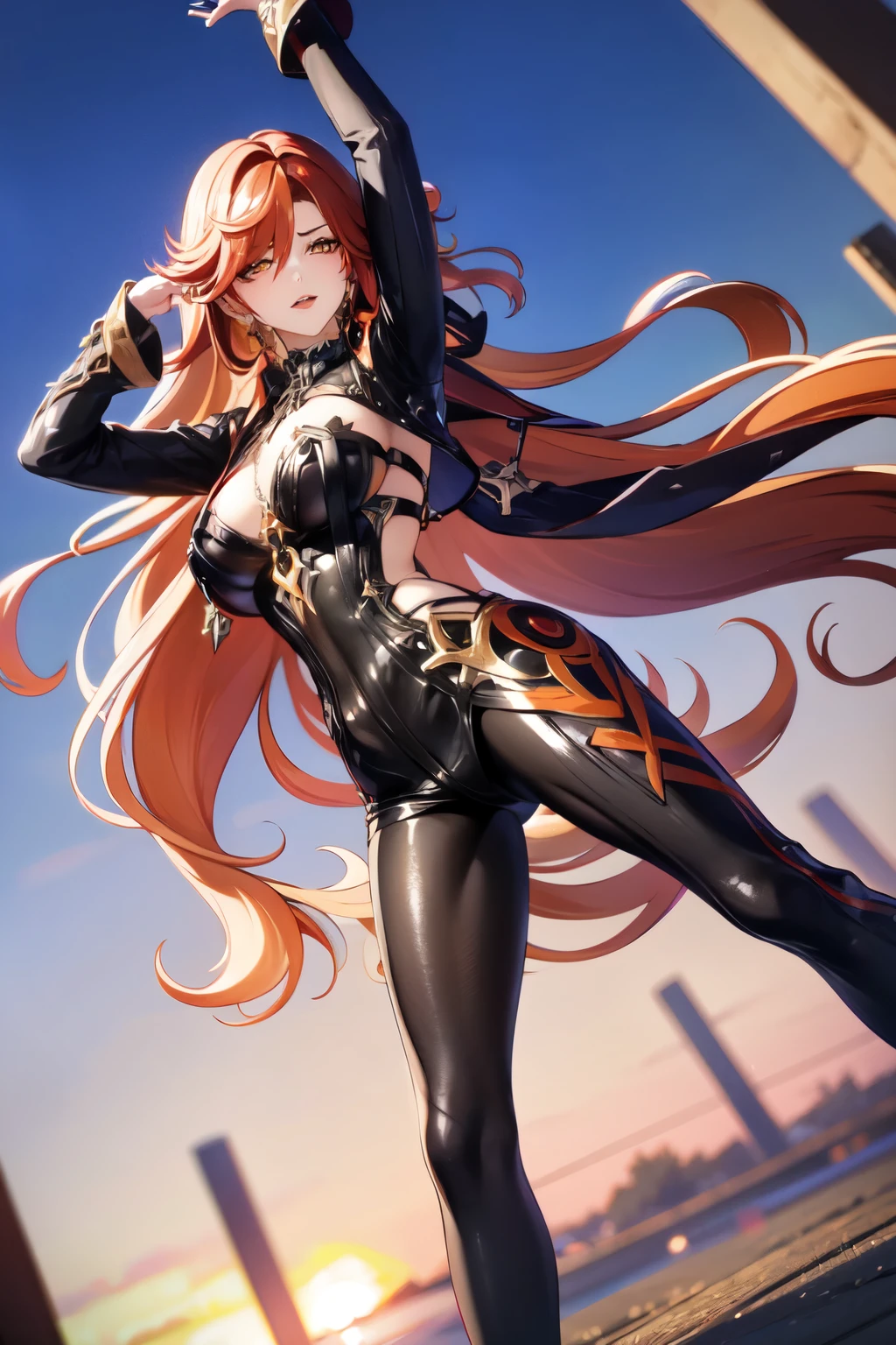photorealistic,Dutch angle,Colorful,mavuika, mavuika from genshin impact, very long hair, orange eyes,red hair,body harness,bondage outfit,cross pasties, sexy pose,dvr-lthr-pdxl, teasing pose, nsfw pose,csr style, best_quality, big_boobies, ass_view