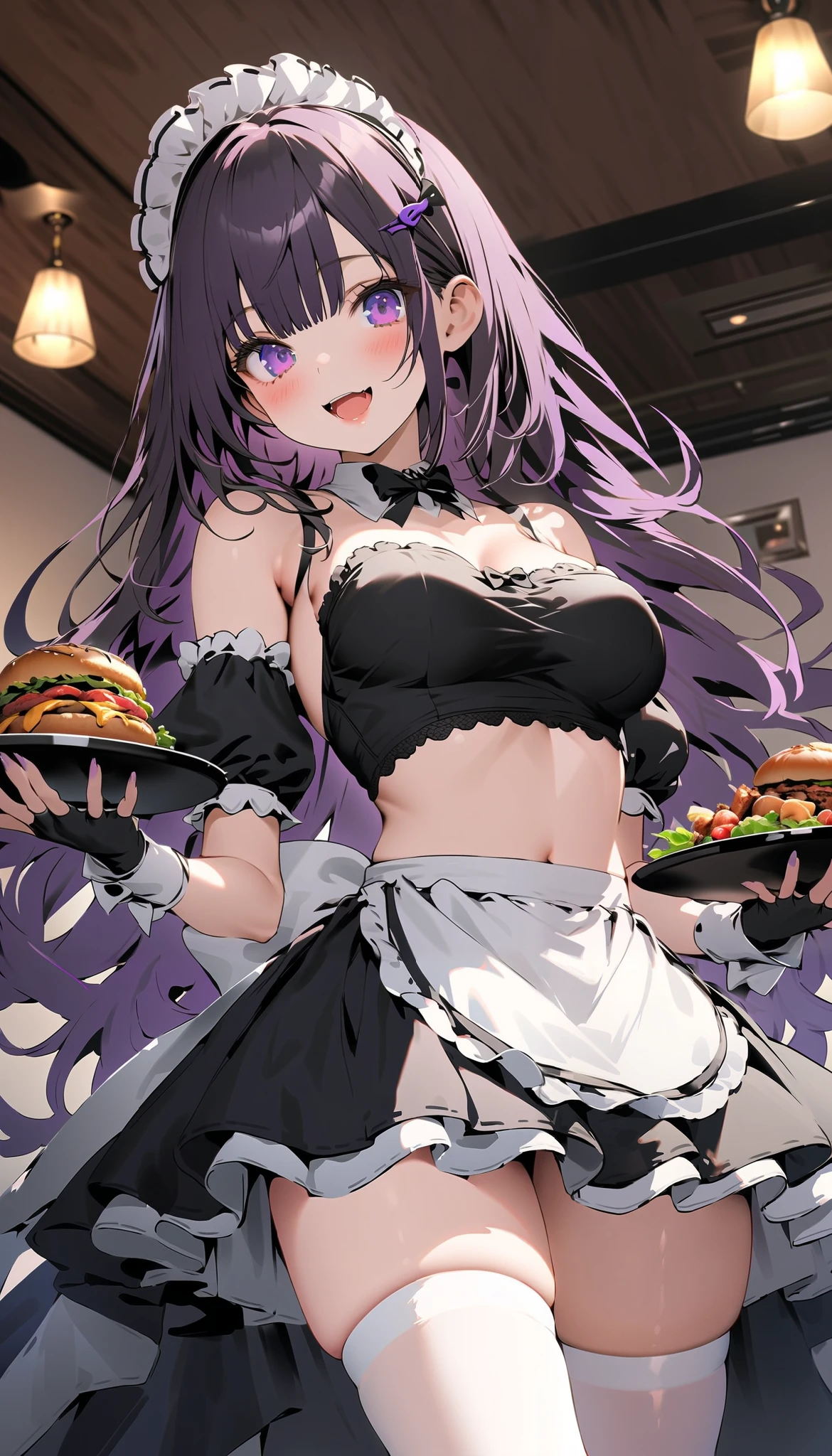 ((32k)), ((best quality)), ((ultra high res)), ((HDR)), ((UHD)), ((extremely detailed CG)), ((unity 32k wallpaper)), (((Virgin girl))), solo, long hair, (breasts), looking at viewer, blush, smile, bangs, thighhighs, bow, holding, cleavage, jewelry, (purple bikini), (medium breasts), closed mouth, standing, swimsuit, ((purple hair)), short sleeves, bikini, ((cowboy shot)), earrings, frills, food, black thighhighs, indoors, bowtie, apron, cup, puffy short sleeves, wrist cuffs, grey eyes, thigh strap, detached collar, side-tie bikini bottom, thigh gap, table, single thighhigh, waist apron, white apron, plate, tray, teacup, cake, frilled apron, pink bikini, bridal garter, holding tray, cake slice, (from below), ((night)), 