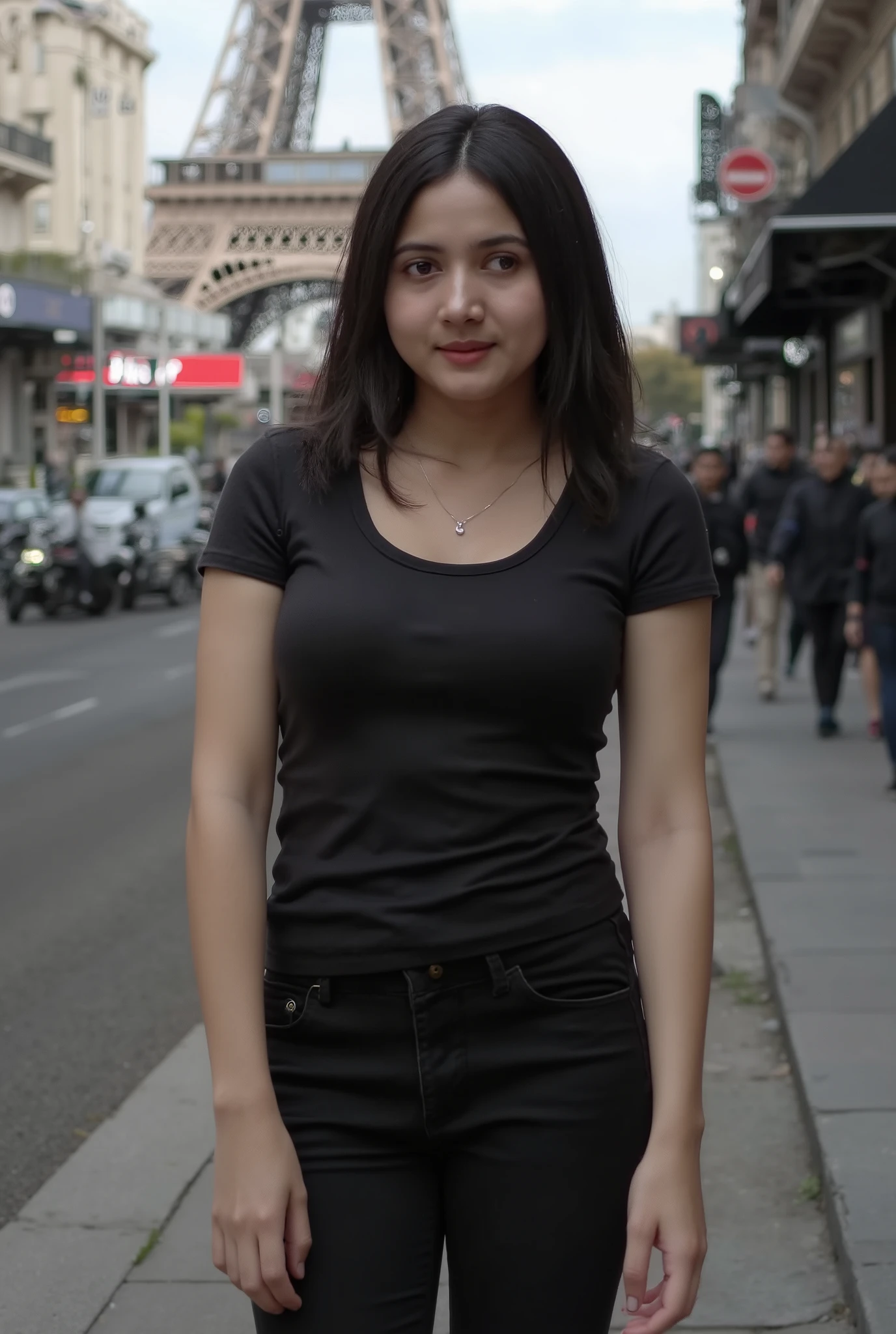 Beautiful female photography model, Indonesian artist Bulan Sutena, She poses very seductively, looking forward at the camera, the girl poses while standing on the street, daylight, (( sexy black t-shirt, in the street, camel toe, arrousing, temptating, seducing)), 8k RAW photo,realistic face,realistic body,realistic skin,disorganized,masterpiece, ((Beautiful medium breast)), look viewer, full Body photograph, Physically based rendering,shot from front, full body photoshoot, naked, sexy pose, black t-shirt, background eiffel tower
