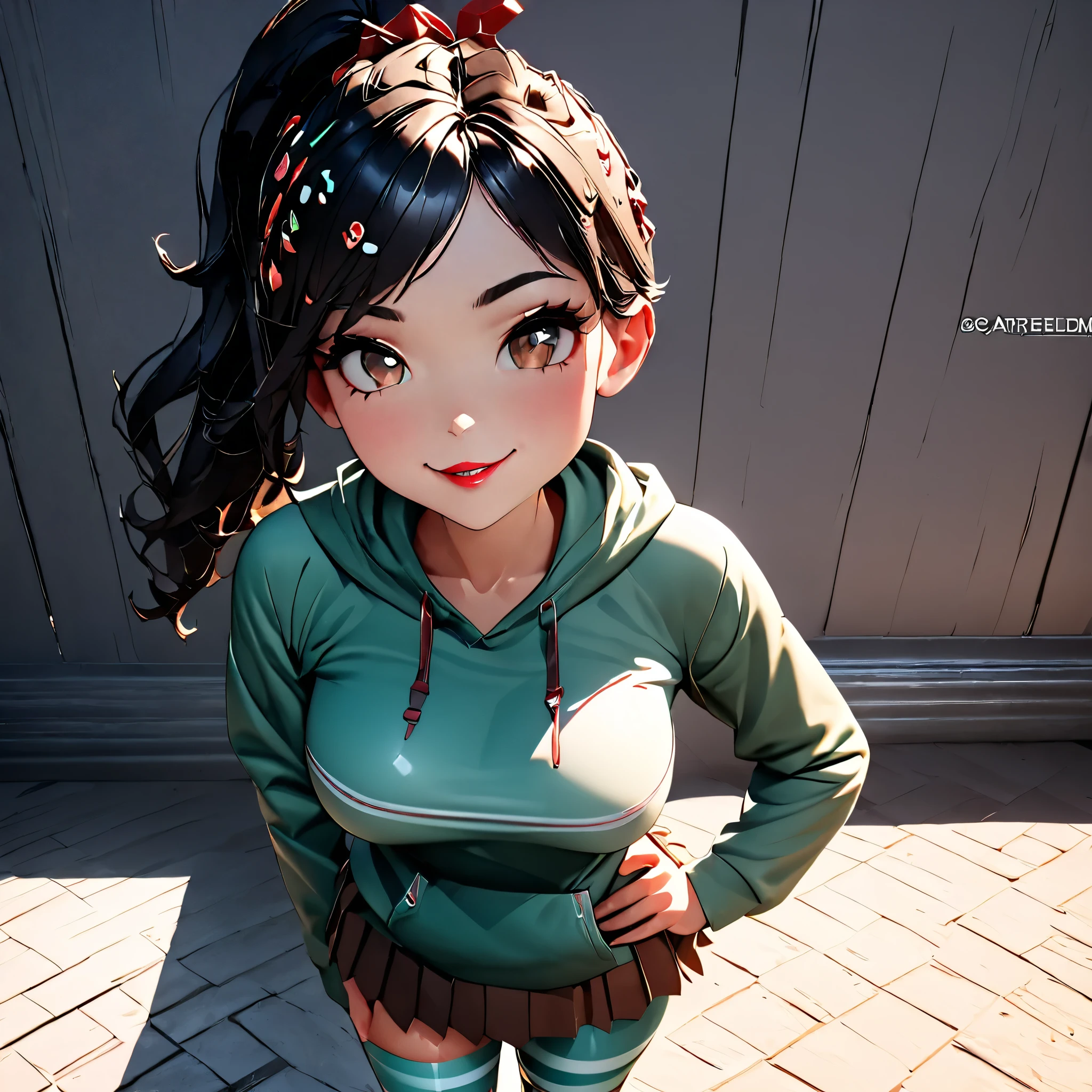 (1 girl), (Masterpiece, ultra-high quality, perfect anatomy, perfect body, perfect face, cute face, HD quality, best quality, best lighting, bedroom setting, perfect quality), (Vanellope von Schweetz) , (black hair with colored sprinkles, red ribbon, teal hoodie, large brown eyes, pink blush on cheeks, content expression, skirt), (medium breasts, small butt:1.2),  , hot female, pov from above, (breedable), blushing, smiling, embarassed