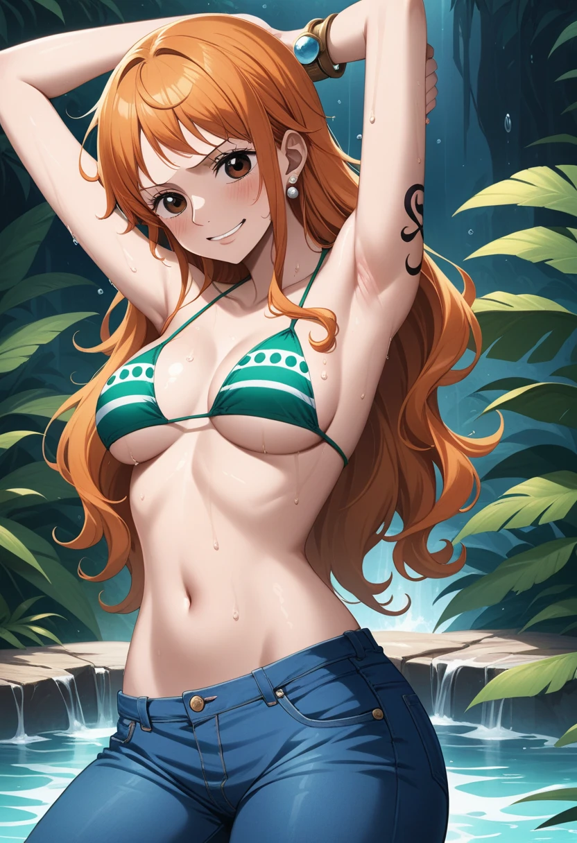 detailed background, masterpiece, 4k, best quality, late youth, adult, wrestler body, 1girl, active, energic, uppercut, (large mouth) , solo, nami \(one piece\), 1girl, bangle, (very wet, drenched in sweat, sweat all over body, very wet hair, tired, taking breath, open mouth, hand on stomach, sweaty face, sweaty body, panting, sweating too much, shiny sweat, sweat stains, leaning forward, tilting, hands on knees, waving good bye), perfect detailed face, bold drawing lines, muscular arms, detailed bold arm lines, flat jaw, adult woman, wavy wide streaked bangs, floating bang streaks, (big cheeks), bare shoulders, off-shoulders, belt, bikini, bikini top only, blue sky, bracelet, springy breasts, breast lines, big round eyes, plain big brown shiny eyes, bubbles, high eye position, cleavage, cloud, day, denim, earrings, floating hair, shiny hair, green belt, green bikini, bold groin lines, jeans, jewelry, large breasts, log pose, long hair, looking at viewer, navel, wet hair, orange hair, pants, shoulder tattoo, sidelocks, sky, solo, standing, stomach, swimsuit, tattoo , looking at viewer, open mouth, detailed left arm, big forehead, hourglass figure, small head, toned body, wide hair, wind effect, sun effect, under the sun, narrow small ears angle, older, random poses,