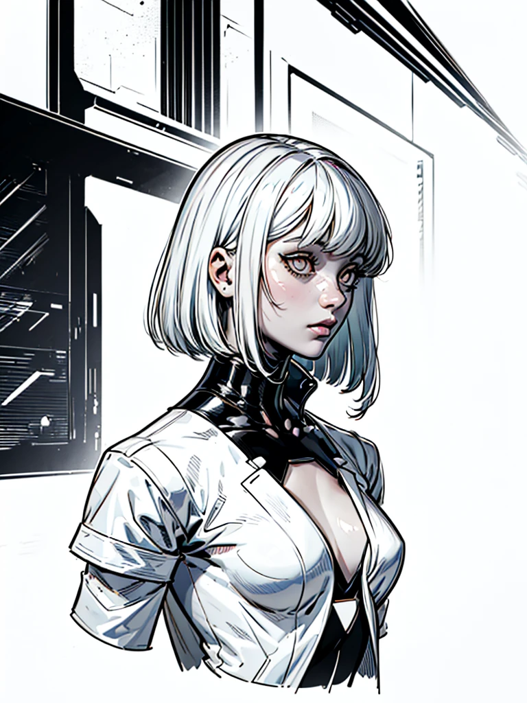 (best qualityer))), (((manga strokes))), (((white bob hair with short straight bangs and red highlights))), (((Lucy Cyberpunk the anime))), (((short shorts with 2 side stripes))), uma Kizi jovem muito bem vestida com roupas modernas de inverno, top gift vertical stripes, short jacket with high collar, beautiful and expressive face, slightly-smile, big eyes with long black eyelashes, heavy make-up, chains and spikes scattered across clothes, contrasting colours, pose de atitude, hair with a modern and futuristic cut, urban game poster art, dramatic camera angles, an abandoned factory with giant weird machines in the background, design mixing contemporary and retro, made by Shepard Fairey, (((cowboy shot))), (((best qualityer: 1.4))), (Unbeatable masterpiece), (hiper HD),(CG 8k hyper-realistic), Kizi, (((standing alone))), pirralha violent, (((14歳))), sexly, pose de atitude, work of art, post-apocalypse, (((manga style))), bounty hunter, violent, Manic, the way you want, slenderbody, thin but strong, perfectbody, roupa moderna, advanced technology, sleeves with vertical striped pattern, intricate visual
