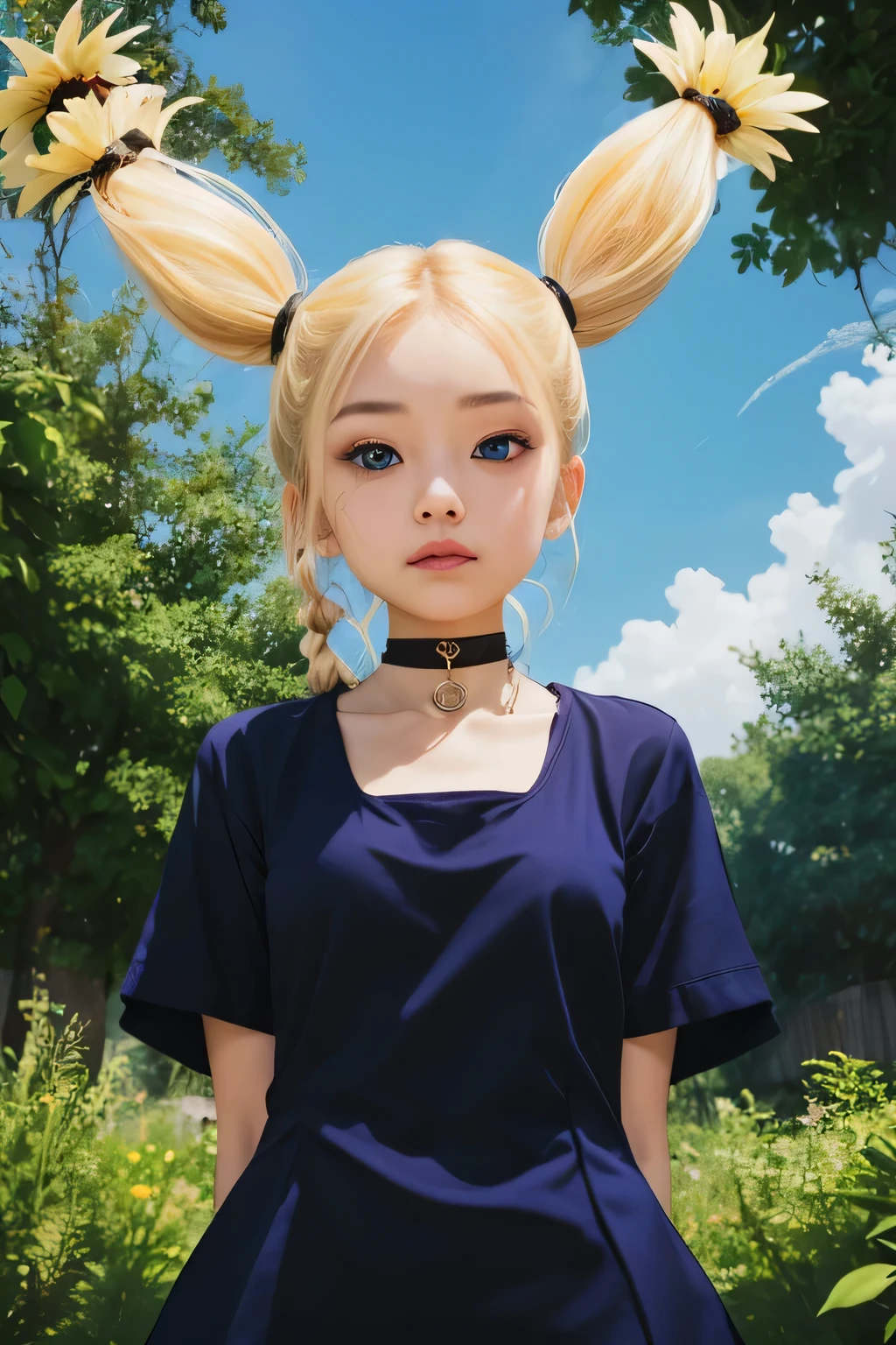 beautiful girl, yellow hair, two pigtails