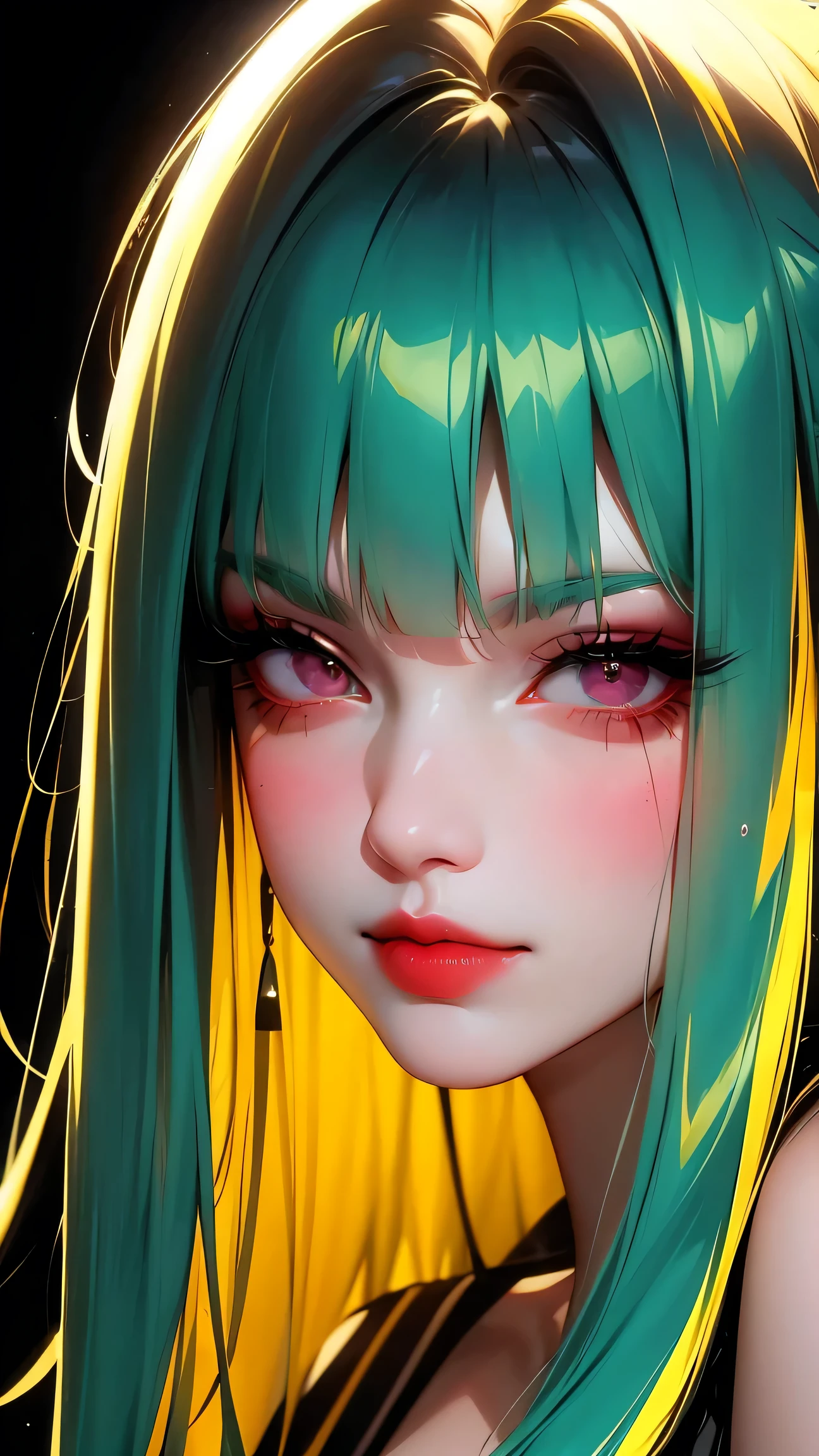 asian high school girl, plunging neckline, rainbow hair, bangs, with colorful eyes and huge eyelashes, huge breasts, cleavage, edgy graphic design with a multi neon colored palette, big black eyes, ulzzang, (anime), manga, sexy, irridescent rainbow Latex, 8ｋ,Highest quality,masterpiece, Sharp focus, solid black background, soft lighting, heavy blushing, 

