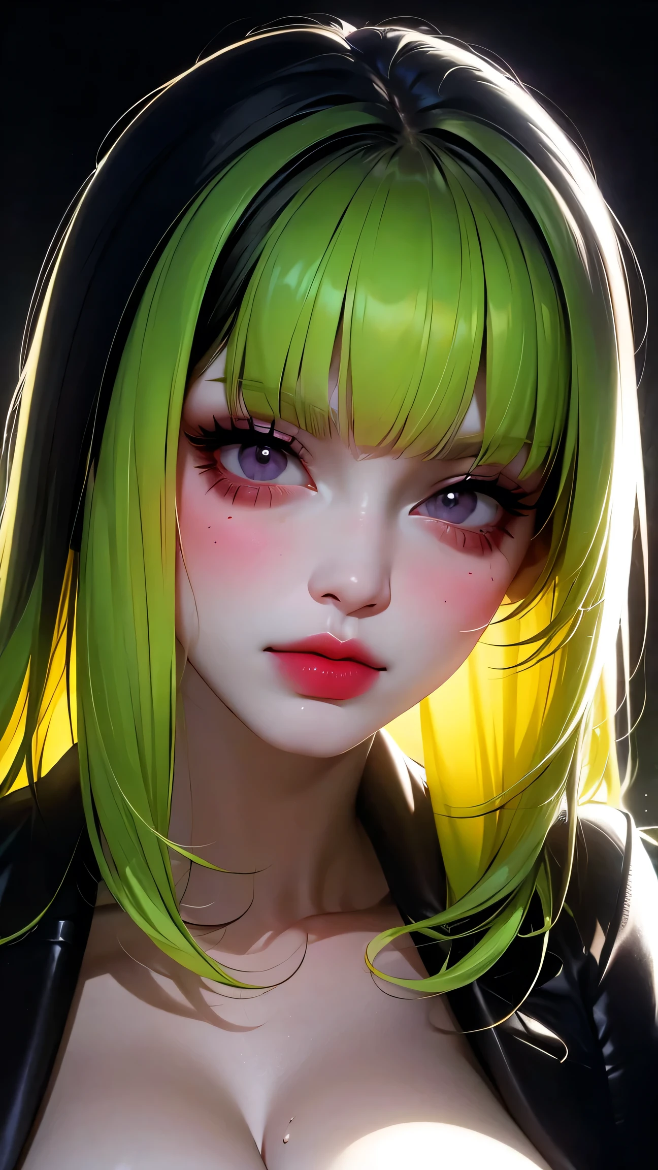 asian high school girl, plunging neckline, rainbow hair, bangs, with colorful eyes and huge eyelashes, huge breasts, cleavage, edgy graphic design with a multi neon colored palette, big black eyes, ulzzang, (anime), manga, sexy, irridescent rainbow Latex, 8k,Highest quality,masterpiece, Sharp focus, solid black background, soft lighting, heavy blushing,