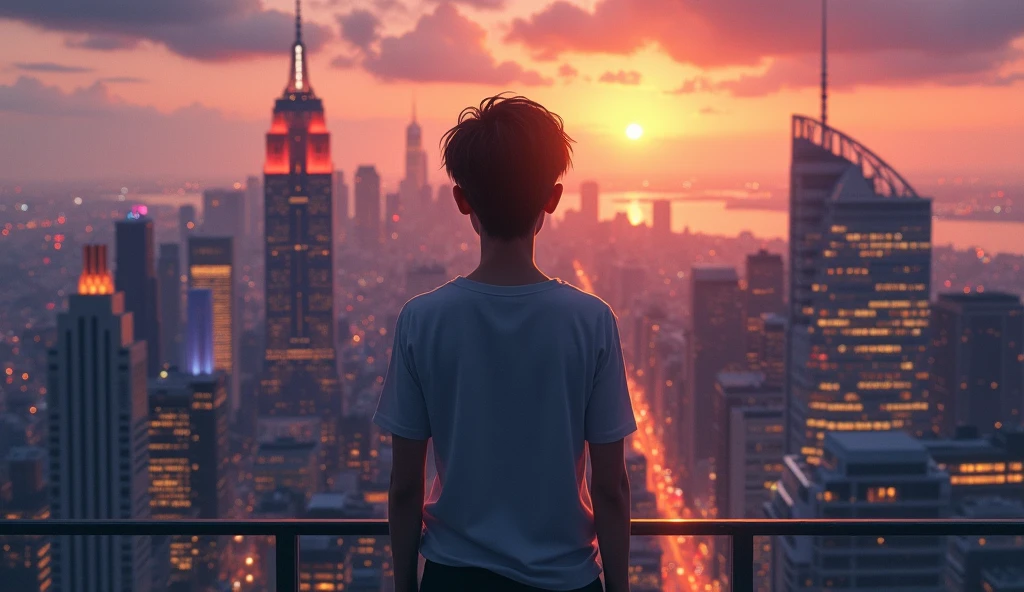 A person looking out over a city skyline, hopeful expression
