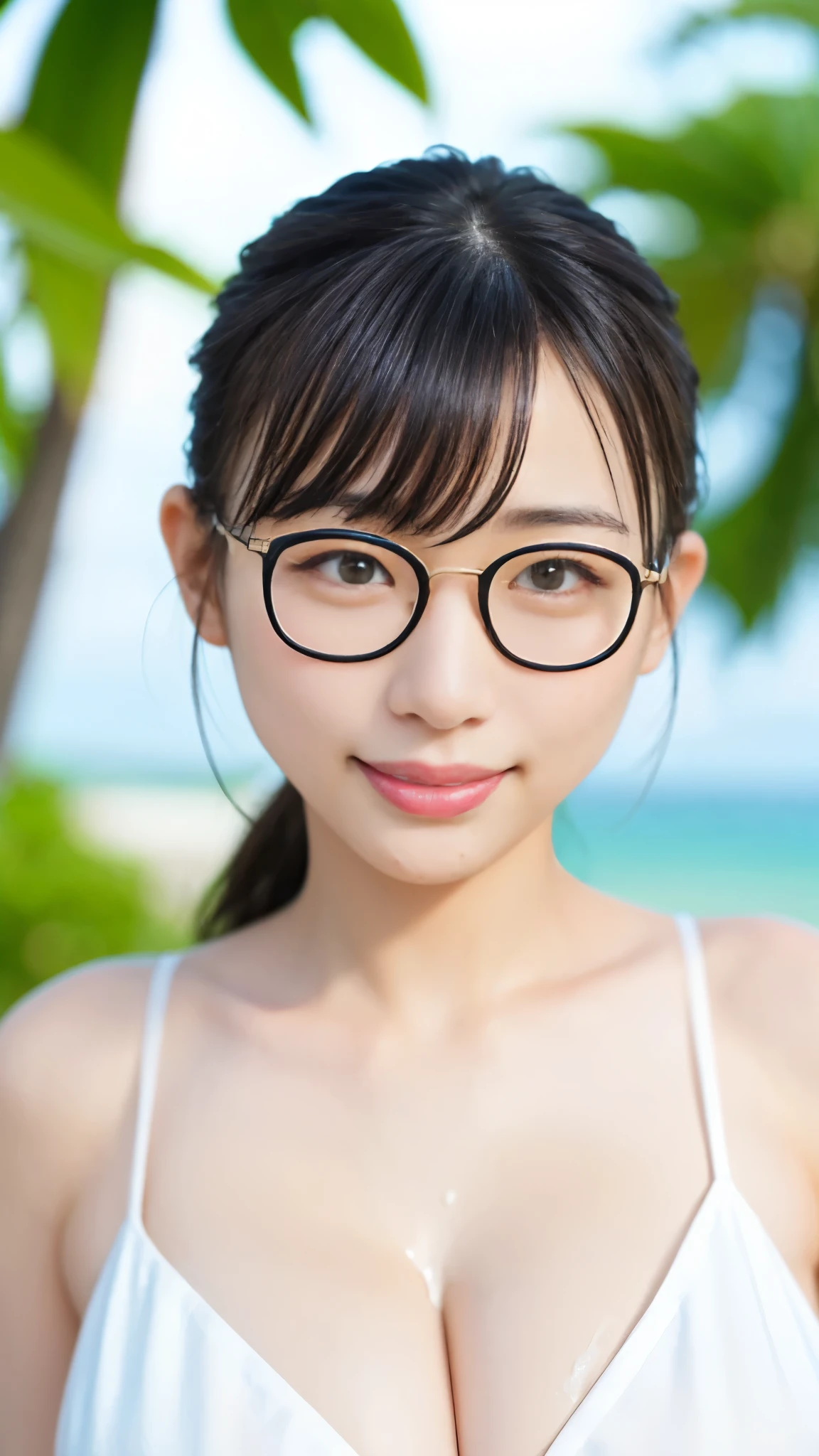 best quality ,masterpiece, super high definition, HIGH DEFINITION RAW COLOR PHOTO, professional photography, natural skin texture , fine skin, hyperrealism,Glasses, Cute Smile , chignon hair,((gigantic breasts)),( white), beautiful beach,(((( facial hair ,cum on face))))