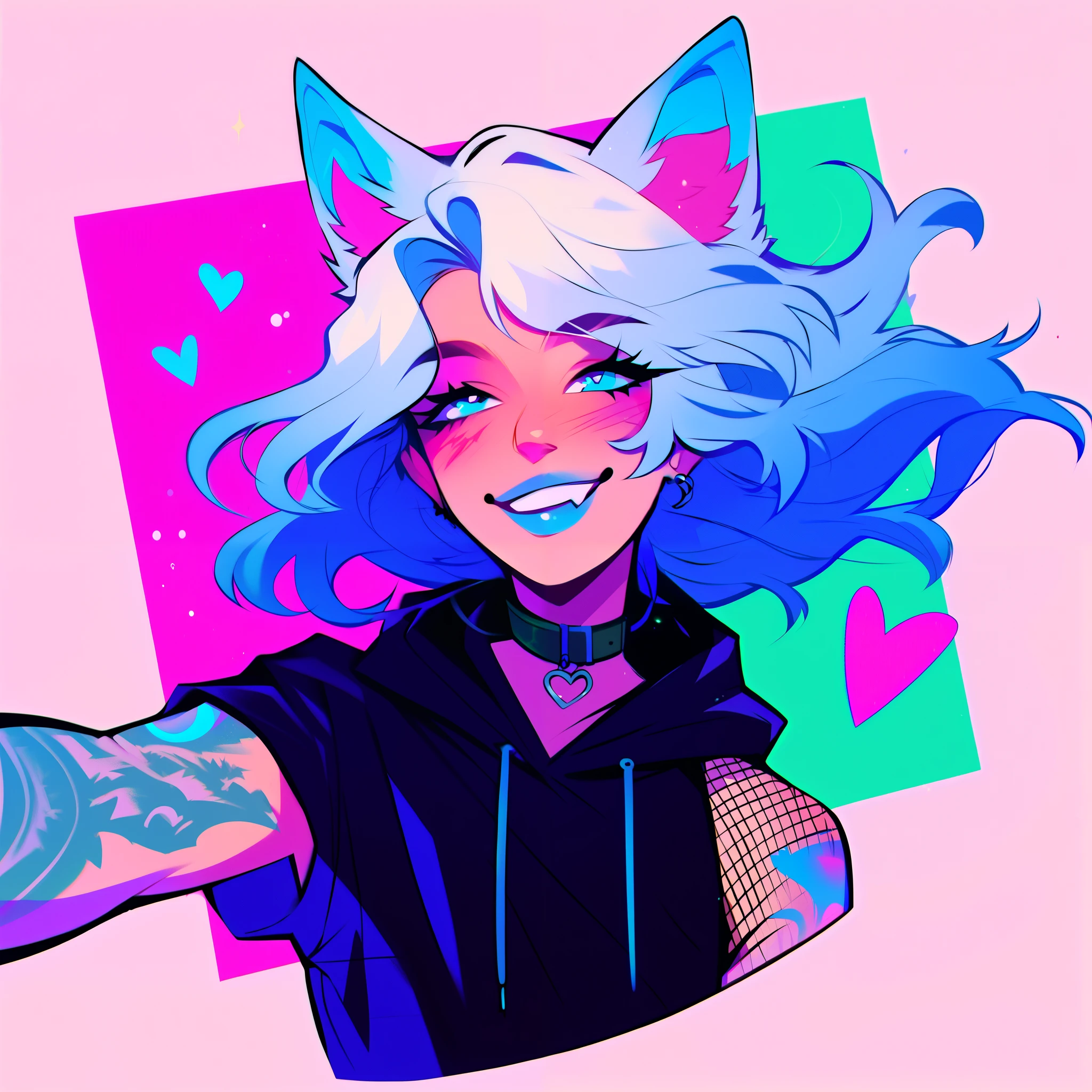 score_9, score_8_up, score_7_up, score_6_up, score_5_up, score_4_up, did vaporwave style, a male femboy with very long wavy white hair with blue highlights, has big fluffy wolf ears, has a wolf tail, wearing a thick brown collar with a heart hanging from it, wearing a sleeveless cropped black hoodie with something cute on it, wearing denim short shorts, has blushy cheeks, has blue lipstick on, has tattoos, wearing fishnet stockings, smiling, showing wolf canine teeth, glowing blue eyes, bubbles, floating hearts, shown from the waist up, showing upper body, showing arm tattoos, taking selfie, full body, UV Lights, tongue out