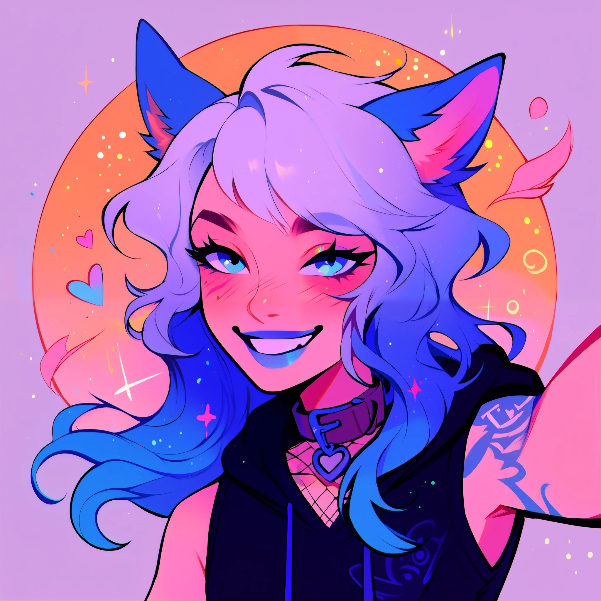 score_9, score_8_up, score_7_up, score_6_up, score_5_up, score_4_up, did vaporwave style, a male femboy with very long wavy white hair with blue highlights, has big fluffy wolf ears, has a wolf tail, wearing a thick brown collar with a heart hanging from it, wearing a sleeveless cropped black hoodie with something cute on it, wearing denim short shorts, has blushy cheeks, has blue lipstick on, has tattoos, wearing fishnet stockings, smiling, showing wolf canine teeth, glowing blue eyes, bubbles, floating hearts, shown from the waist up, showing upper body, showing arm tattoos, taking selfie, full body, UV Lights, tongue out