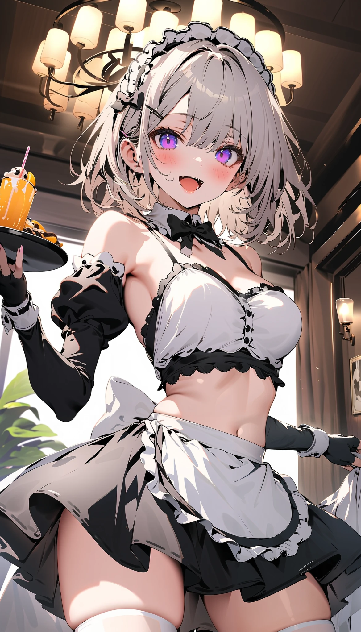 masterpiece, absurdres, (intricate details), (colorful),cinematic lighting, bust shot, extremely detailed CG unity 8k wallpaper, 1girl, white hair, short wavy hair, bob cut, purple eyes, light smile, parted lips, average breasts, cleavage, fake animal ears, choker, red leotard, black playboy bunny, tray, champagne,  smile, looking at viewer, cowboy shot,