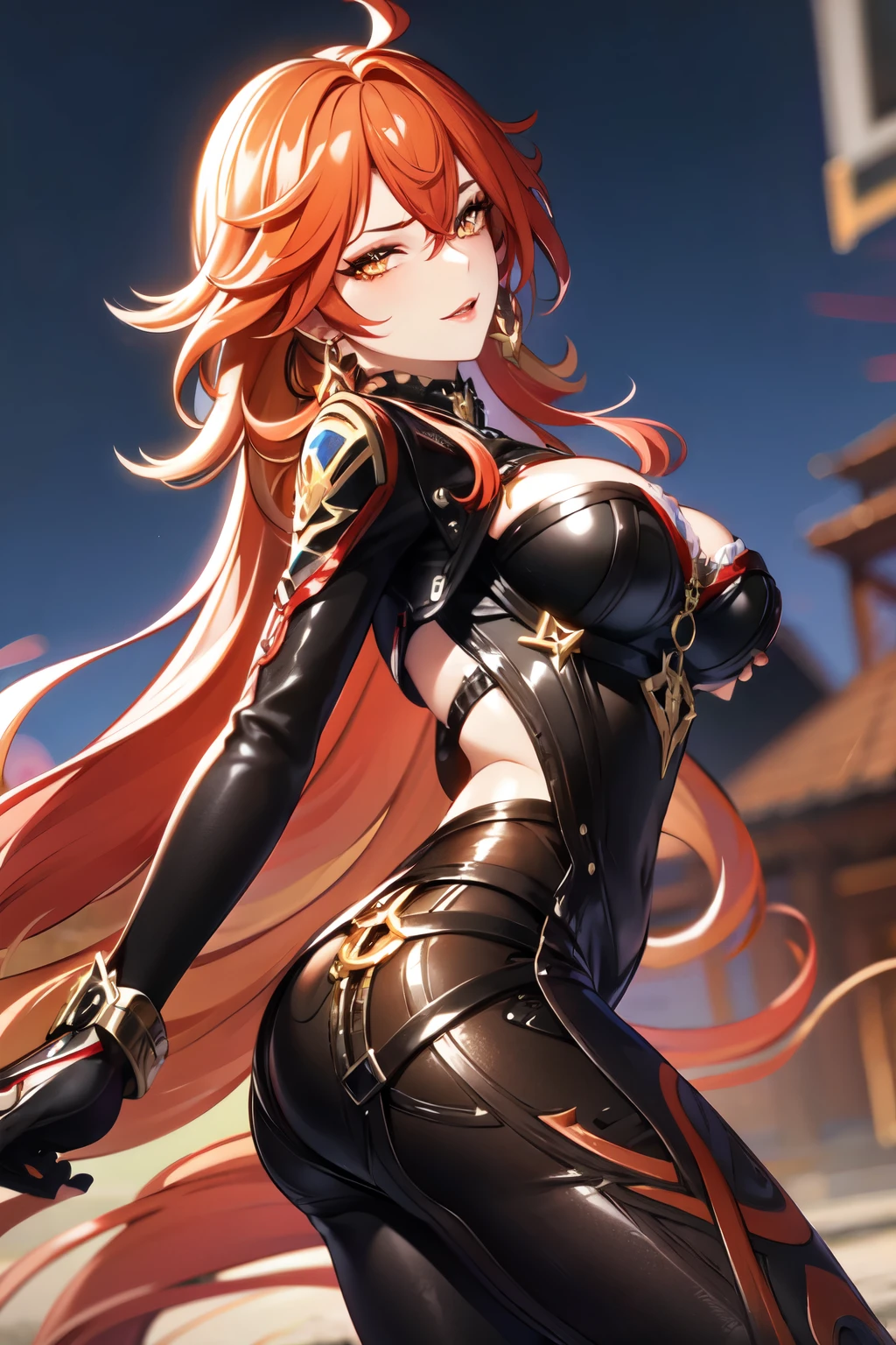 photorealistic,Dutch angle,Colorful,mavuika, mavuika from genshin impact, very long hair, orange eyes,red hair,body harness,bondage outfit,cross pasties, sexy pose,dvr-lthr-pdxl, teasing pose, nsfw pose,csr style, best_quality, big_boobies, ass_view