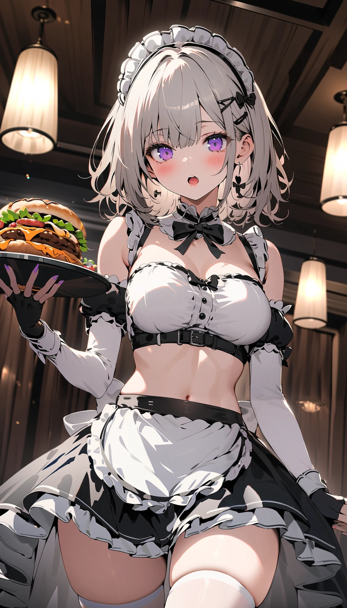(masterpiece:1.5), (((top quality, best quality,  high quality))),  ((intricately detailed,  ultra-detailed,  insanely detailed)), highres,  32K,  extremely detailed unity CG 8K wallpaper,  (beautiful and aesthetic:1.2),  (((award-winning))), professional illustration, official art, large size image, fine intricate details,
perfectly proportioned, flawless orientation, sharp focus, extreme sharpness, perfect clarity, (close-up),  cinematic angle,  ((soft ambient lighting|vibrant colors:1.5)), (depth of field:1.2), dynamic pose,  (standing posture:1.4), 
(upper body:1.4),
(1milf:1.5), (mature female:1.5), (gothic maid:1.5),
beautiful gorgeous face, [:(detailed face:1.2):0.2], brilliant open eyes, pureerosface_v1, (black lipgloss:1.3), full puffy lips, (happy:1.5, loving smile:1.37), (closed lips:1.5),
perfect feminine body, pale skin, realistic skin, skin pores, (((straight belly, detailed navel, groin:1.3))) , narrow waist, (twin drills \(hair\):1.5), (white hair:1.5),
gothic fashion maid uniform, miniskirt, bustier, maid headdress, long frill-trimmed sleeves, detached collar, neck ribbon, (((crotch seam, sagging front seam))), (((identical))) earrings,
(standing:1.5), (holding breakfast tray:1.5), (dining table in the garden:1.5), (gothic mansion:1.5), <lora:GoodHands-vanilla:1>,