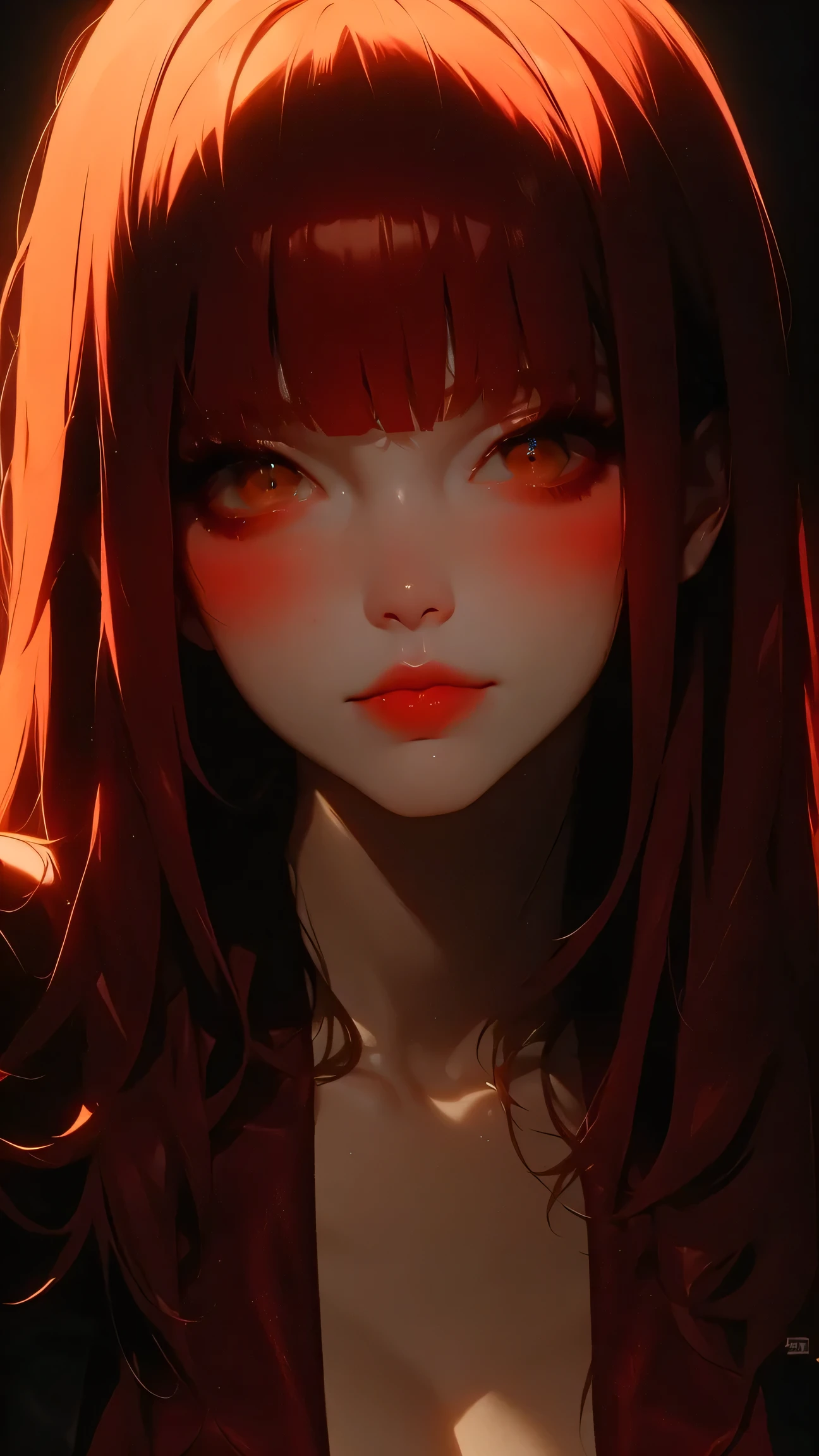 asian high school girl, plunging neckline, rainbow hair, bangs, with colorful eyes and huge eyelashes, huge breasts, cleavage, edgy graphic design with a multi neon colored palette, big black eyes, ulzzang, (anime), manga, sexy, irridescent rainbow Latex, 8k,Highest quality,masterpiece, Sharp focus, solid black background, soft lighting, heavy blushing,