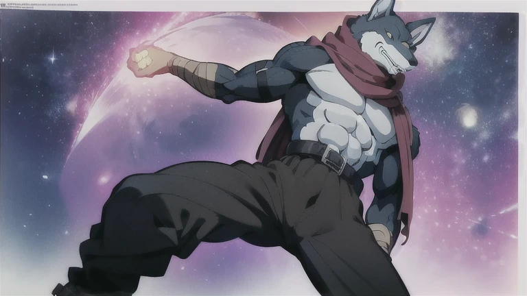 Bergamo _., posing for the camera , Presume. 4k, High resolution, the best quality , published in e621 , Alone, anthropogenic body , man , , man , ( correct muscles , detailed muscles , very muscular, broad chest, pectorals, biceped:1.1), correct anatomy , correct proportions , Anatomy of the Taran ,, (Space clouds, pink galaxy, stars:1.0), (by WFA, por taran fiddler:1.0), (by black:0.8), (shaded cell:1.2), cartoon shading, Reliable , strong, (Long wolf tail :1.0), (pantalones, belt:1.1), ( half black :1.2), (Detailed Bergamo _Eyes of .:1.1), pose strong, looking at the camera , scarf, pose strong, bare chest intense colors, yellow eyes , fluffy wolf tail , left profile posture , legs extended , pose sexual