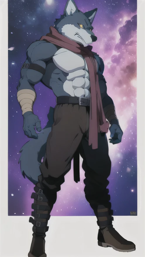 Bergamo _., posing for the camera , Presume. 4k, High resolution, the best quality , published in e621 , Alone, anthropogenic body , man , , man , ( correct muscles , detailed muscles , very muscular, broad chest, pectorals, biceped:1.1), correct anatomy , correct proportions , Anatomy of the Taran ,, (Space clouds, pink galaxy, stars:1.0), (by WFA, por taran fiddler:1.0), (by black:0.8), (shaded cell:1.2), cartoon shading, Reliable , strong, (Long wolf tail :1.0), (pantalones, belt:1.1), ( half black :1.2), (Detailed Bergamo _Eyes of .:1.1), pose strong, looking at the camera , scarf, pose strong, bare chest intense colors, yellow eyes , fluffy wolf tail , left profile posture , legs extended , pose sexual