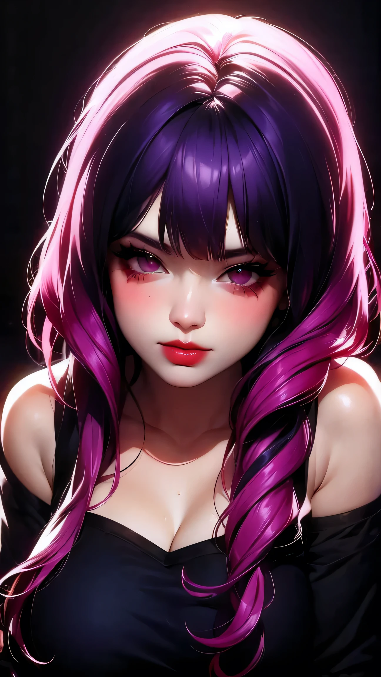 asian high school girl, plunging neckline, rainbow hair, bangs, with colorful eyes and huge eyelashes, huge breasts, cleavage, edgy graphic design with a multi neon colored palette, big black eyes, ulzzang, (anime), manga, sexy, irridescent rainbow Latex, 8k,Highest quality,masterpiece, Sharp focus, solid black background, soft lighting, heavy blushing,