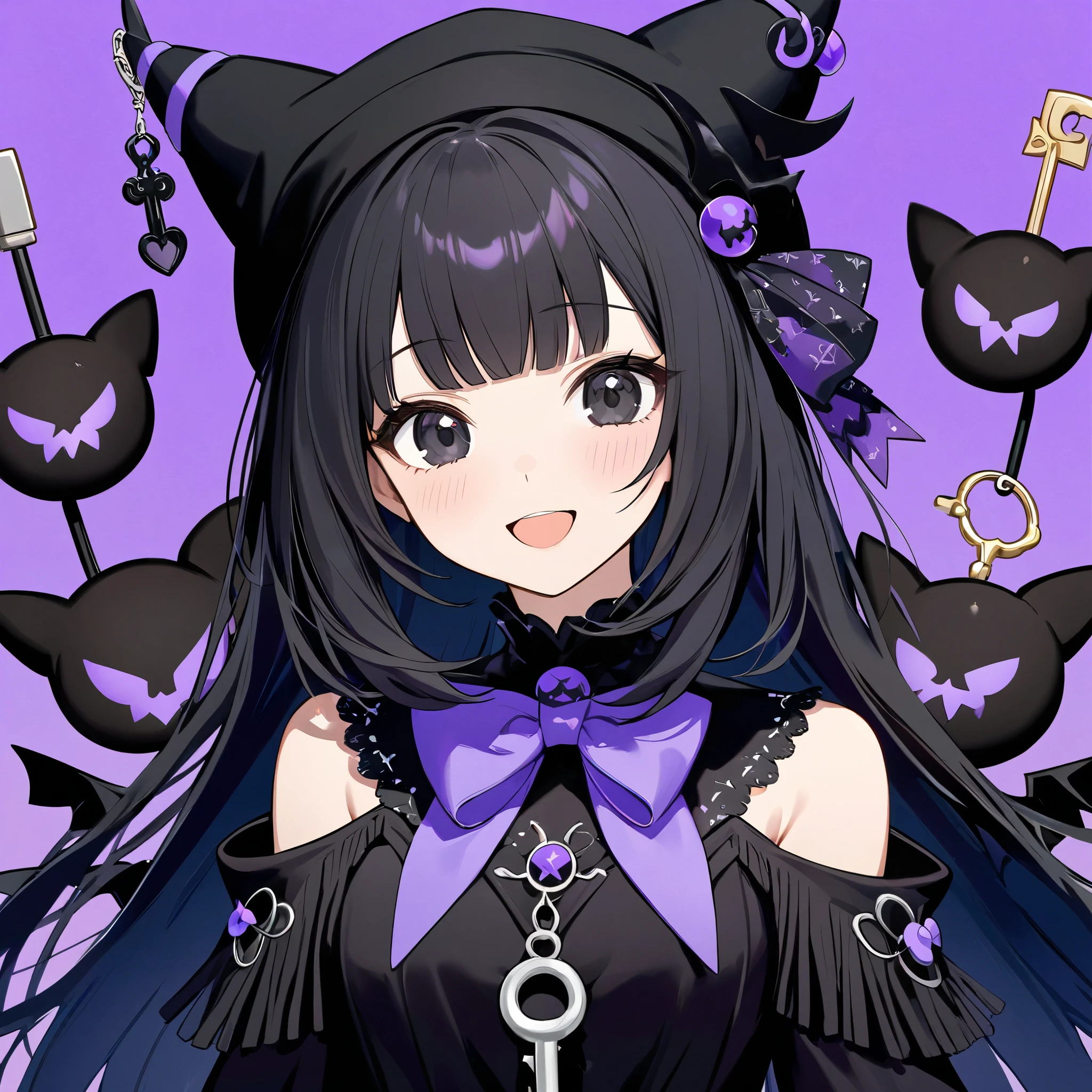 A logo of a girl with an adorable style inspired by Kuromi. She has a prominent and well-defined fringe, long black hair, and a black hat resembling Kuromi's, which is a key detail of her appearance. The girl is happy, expressing joy, and the design focuses on her face and shoulders. She has black eyes, and the background is blue. Her outfit incorporates elements reminiscent of Kuromi, such as dark tones and purple or violet or blue accents, with a unique and personalized touch for the character.