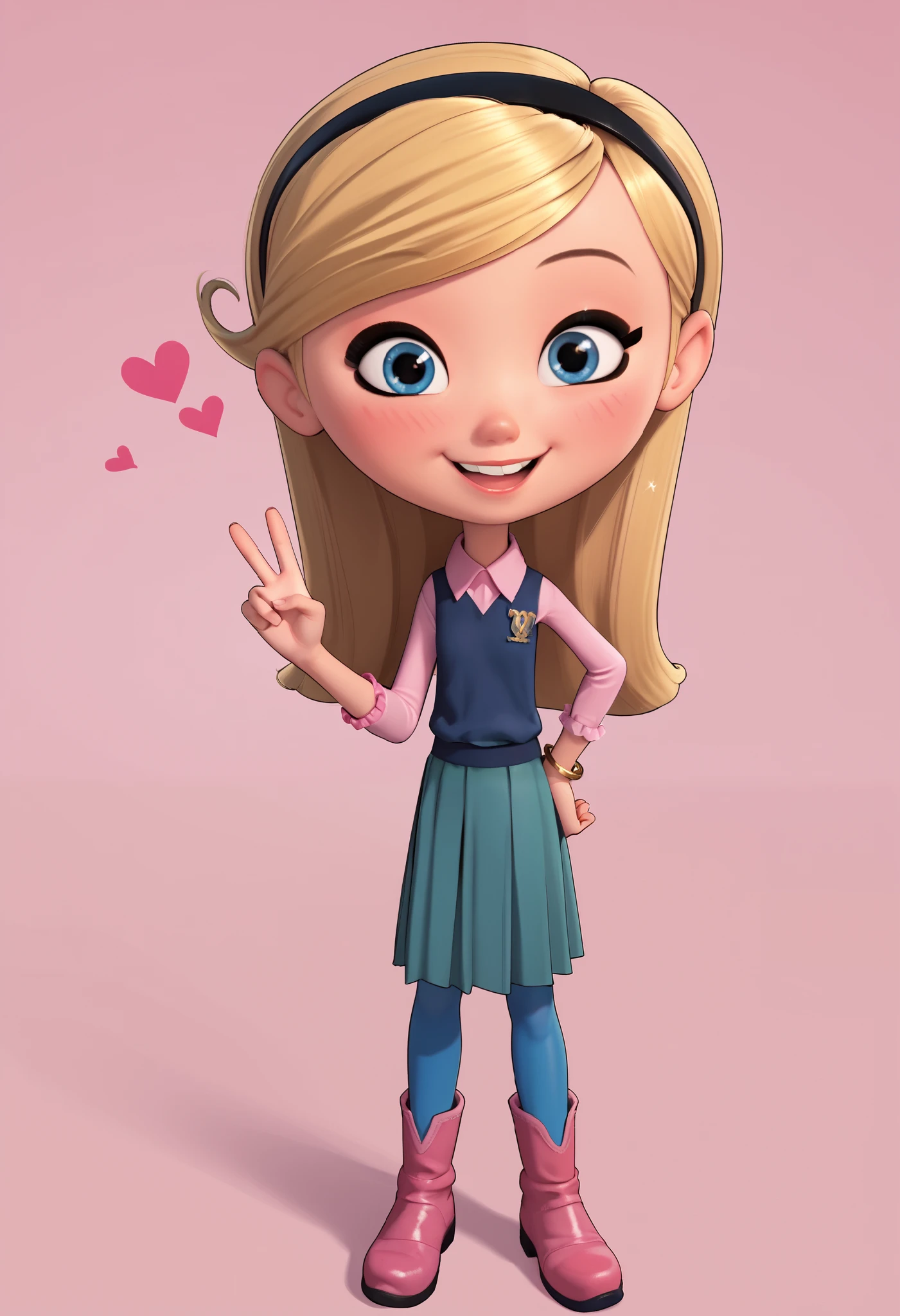 1girl, solo, penny peterson, long hair, blue eyes, 3d, blonde hair, skirt, pleated skirt, hairband, black hairband, dress, light teal dress, blue pantyhose, pink boots, bracelet, beautiful, blushing, cute girl, cute Smile, joyful expression, excited, happy, looking at viewer, peace sign, one hand on hip, spread legs, pink background, hearts, sparkles
