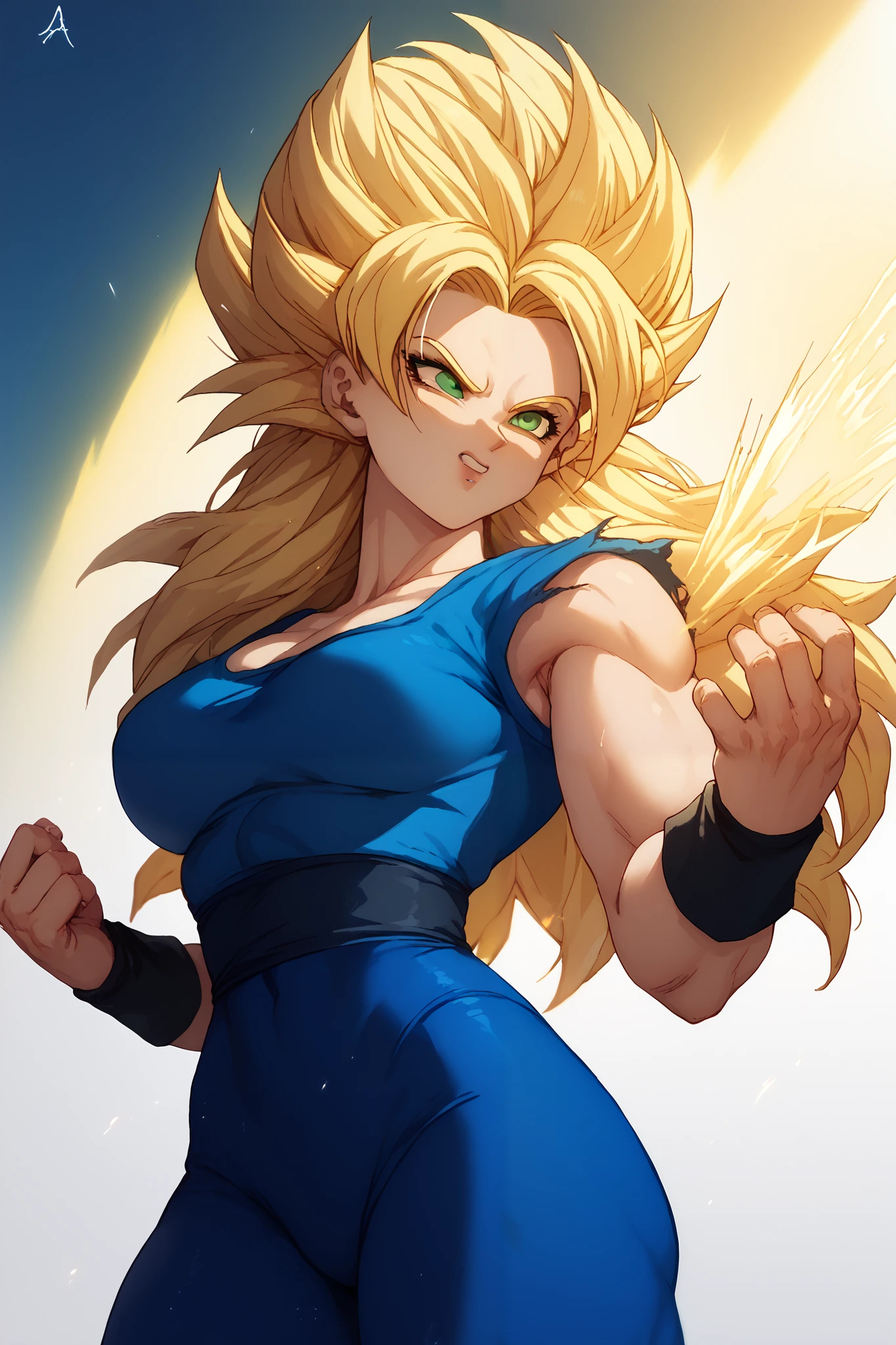 Woman, white skin, Blonde hair, Long hair, bangs, green eyes,, wearing black wristbands, blue leotard,blue pants, Dragon Ball style,Super Saiyan,Emanating a golden aura with rays,curvy body,Torn clothes 