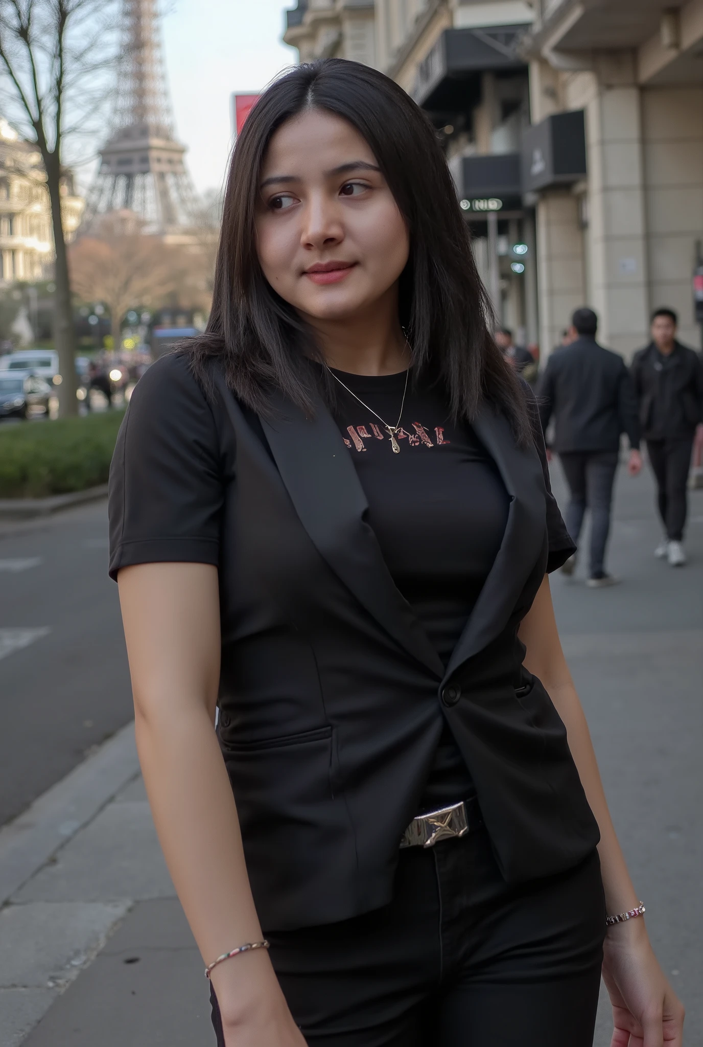Beautiful female photography model, Indonesian artist Bulan Sutena, She poses very seductively, looking forward at the camera, the girl poses while standing on the street, daylight, (( sexy black t-shirt with blazer, in the street, camel toe, arrousing, temptating, seducing)), 8k RAW photo,realistic face,realistic body,realistic skin,disorganized,masterpiece, ((Beautiful medium breast)), look viewer, full Body photograph, Physically based rendering,shot from front, full body photoshoot, woman trouser, sexy pose, black t-shirt with blazer, background eiffel tower, blazer