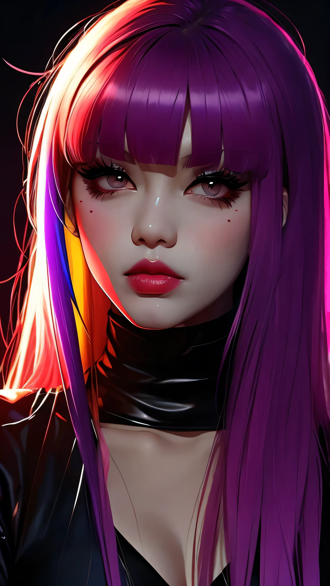 asian high school girl, plunging neckline, rainbow hair, bangs, with colorful eyes and huge eyelashes, huge breasts, cleavage, edgy graphic design with a multi neon colored palette, big black eyes, ulzzang, (anime), manga, sexy, irridescent rainbow Latex, 8ｋ,Highest quality,masterpiece, Sharp focus, solid black background, soft lighting, heavy blushing, 
