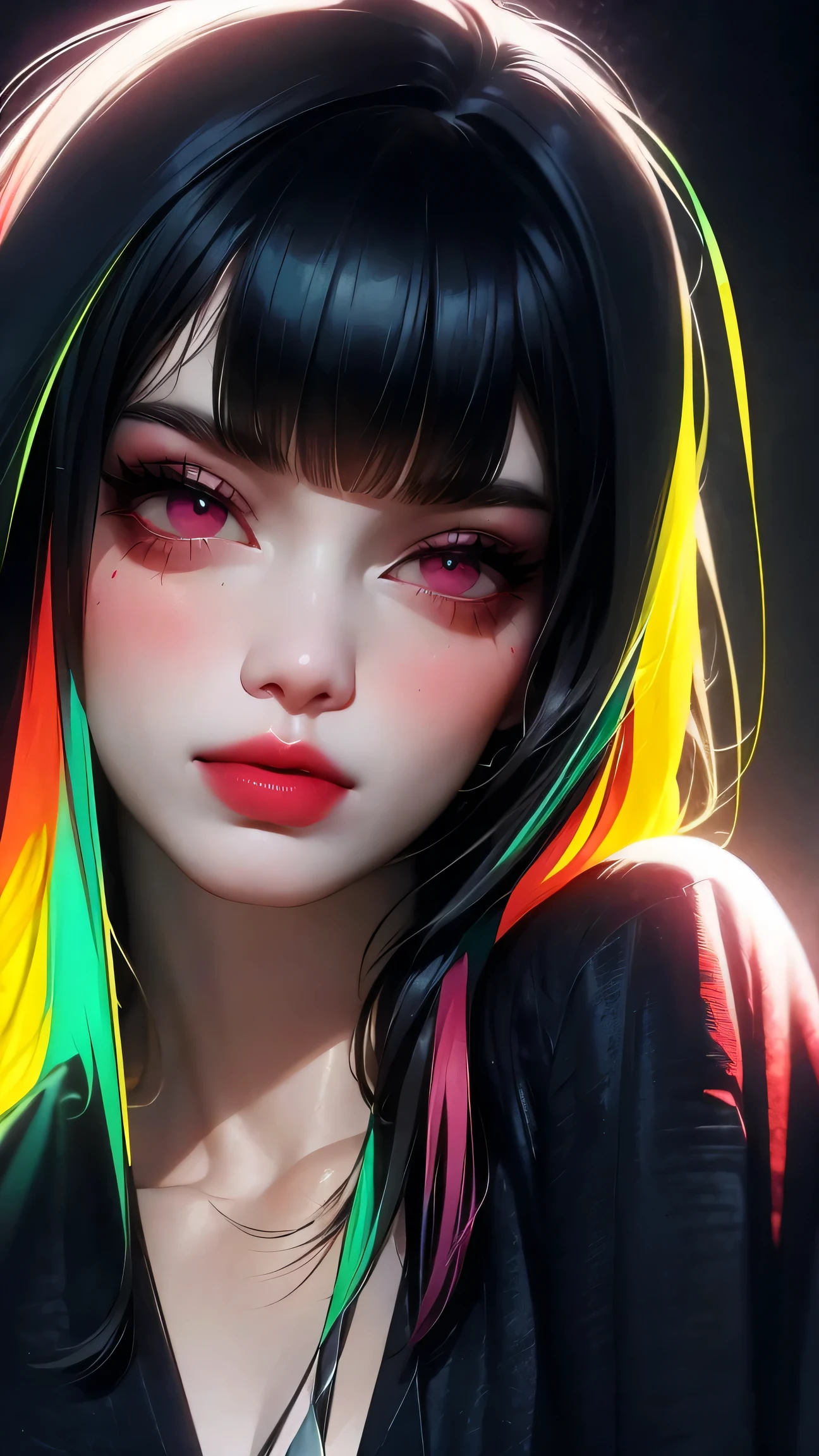 asian high school girl, plunging neckline, rainbow hair, bangs, with colorful eyes and huge eyelashes, huge breasts, cleavage, edgy graphic design with a multi neon colored palette, big black eyes, ulzzang, (anime), manga, sexy, irridescent rainbow Latex, 8ｋ,Highest quality,masterpiece, Sharp focus, solid black background, soft lighting, heavy blushing, 
