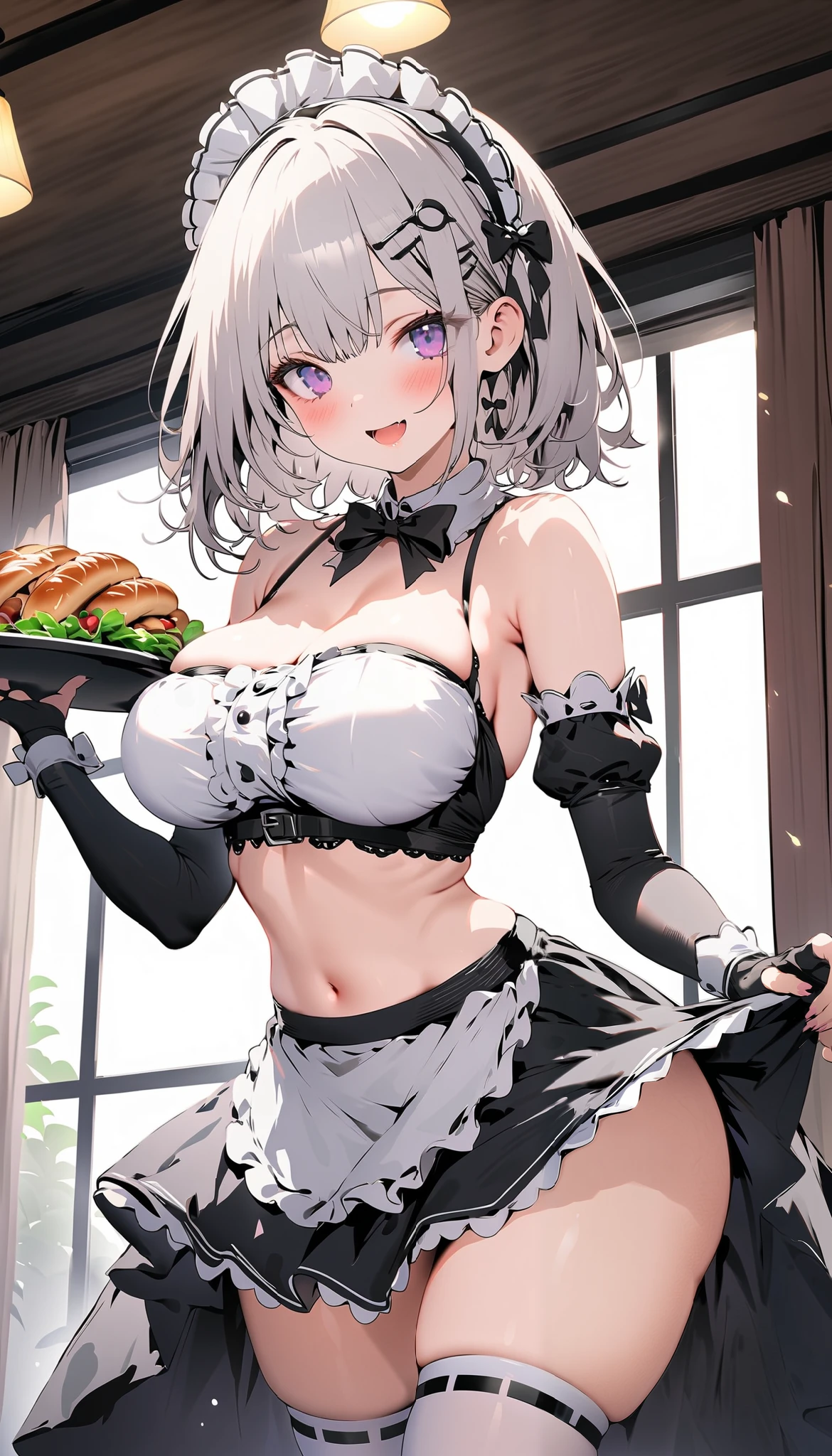 1girl、(((best quality)), ((masterpiece)), (details), masterpiece, best quality, high quality, ulutra detailed, perfect face, ((1girl, Blue eyes, cat ears: 1.3 silver bob hair: 2.5,))、Shiny Hair、Glowing Skin、Happy face、Lustful look、Maid-style topaid-style skirt、I can see my toned stomach、Knee-high stockings、Sideboob、Underboob、Making hearts with your hands、Heart effect、There are many sandwiches on the table、lunch