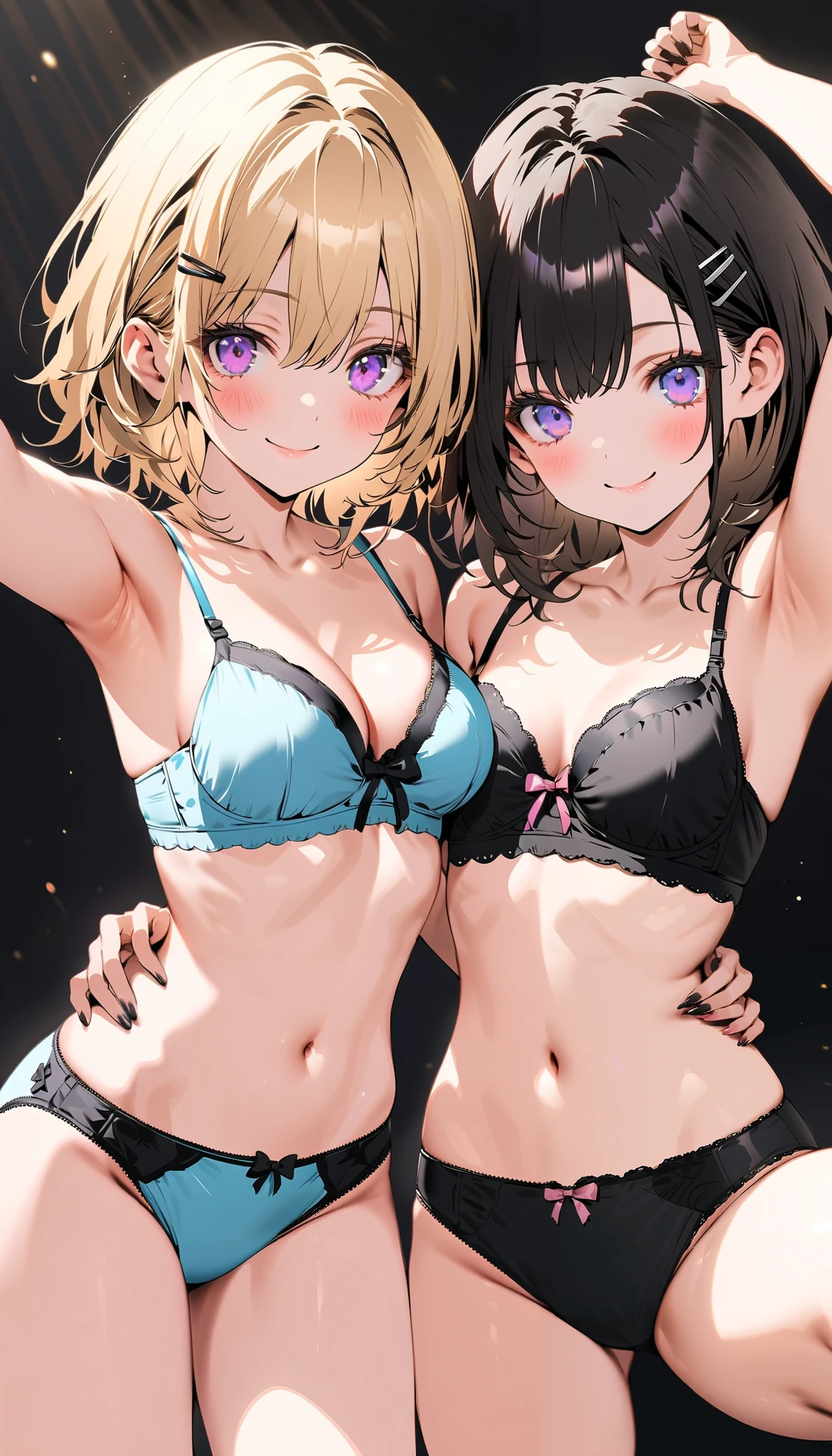 (Crossdresser),blonde low twintails,Swimwear,Joyful expression,Groin bulge