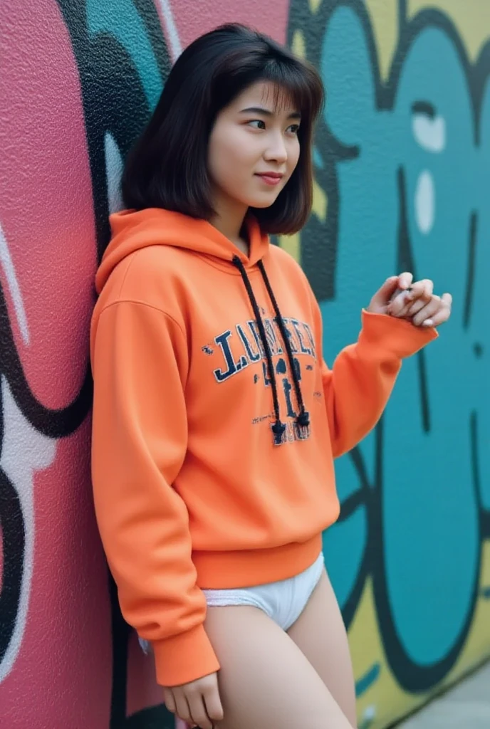 one-girl，Stylish sweatshirt, Windbreaker long skirt，Poster on the front，The color of the clothes is bright and simple，Cute, Very aesthetic，Realistic style anime，ssmile，self-assured，Put your hands in your pockets，tmasterpiece，ultraclear，8K，HighestQuali，