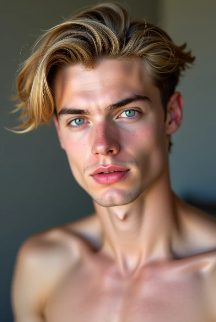 1 boy with perfect body, detailed white skin, with blonde hair, blue eyes high level, detailed facial pores athletic attractive body in var looking at camera sitting at table , ultra cinematic camera